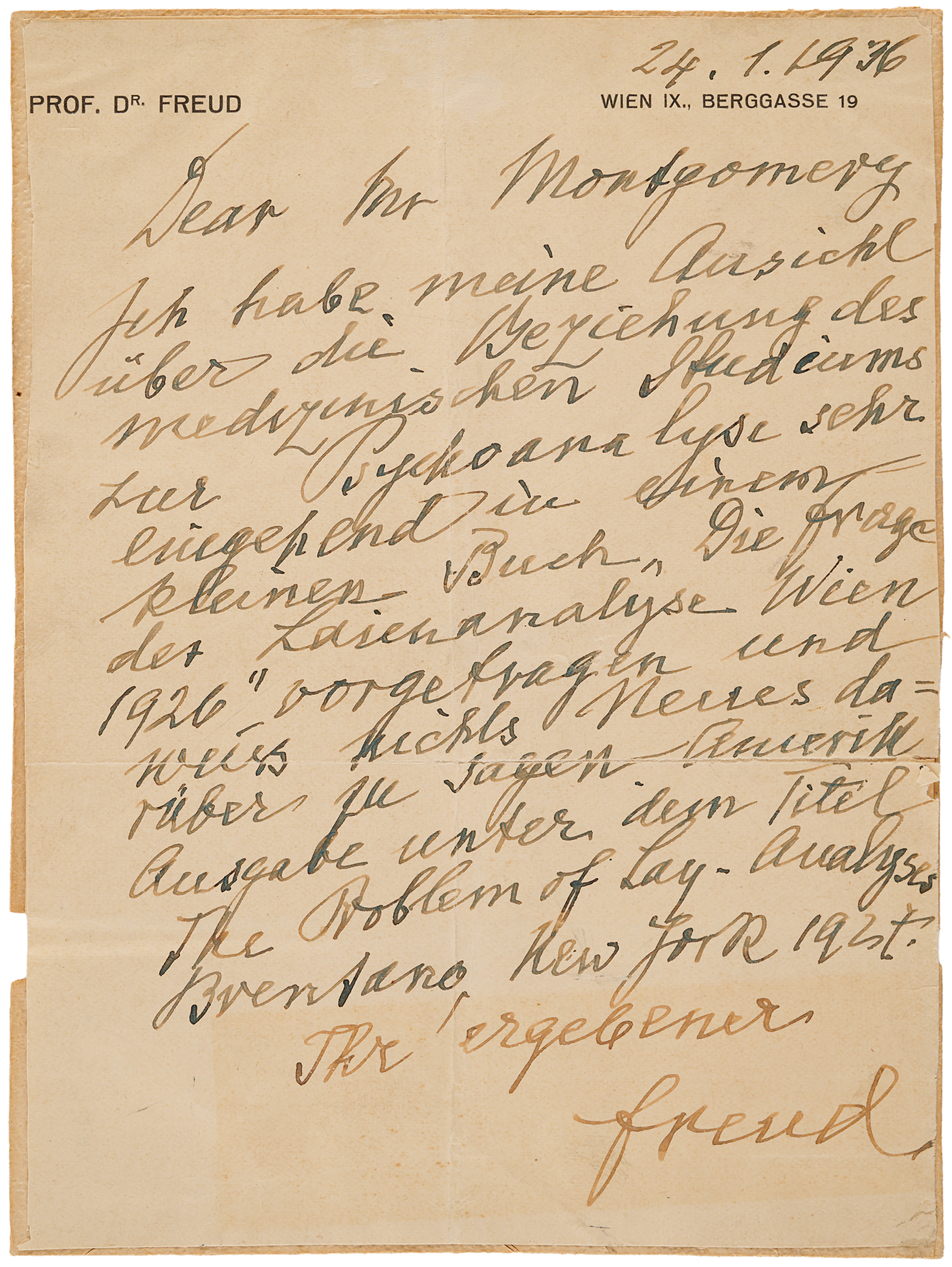 Sigmund Freud Autograph Letter Signed on "the relationship of medical