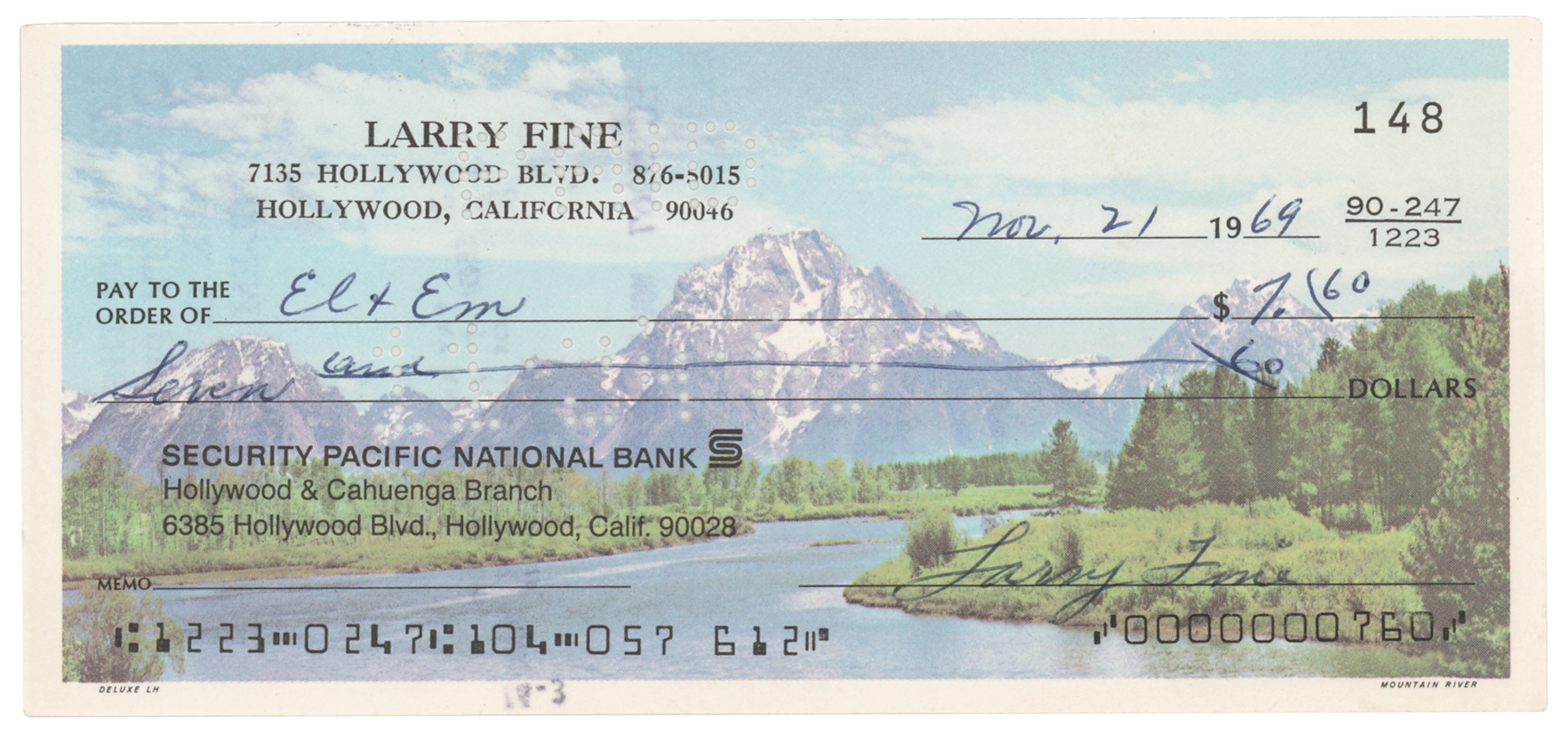 Three Stooges: Larry Fine Signed Check
