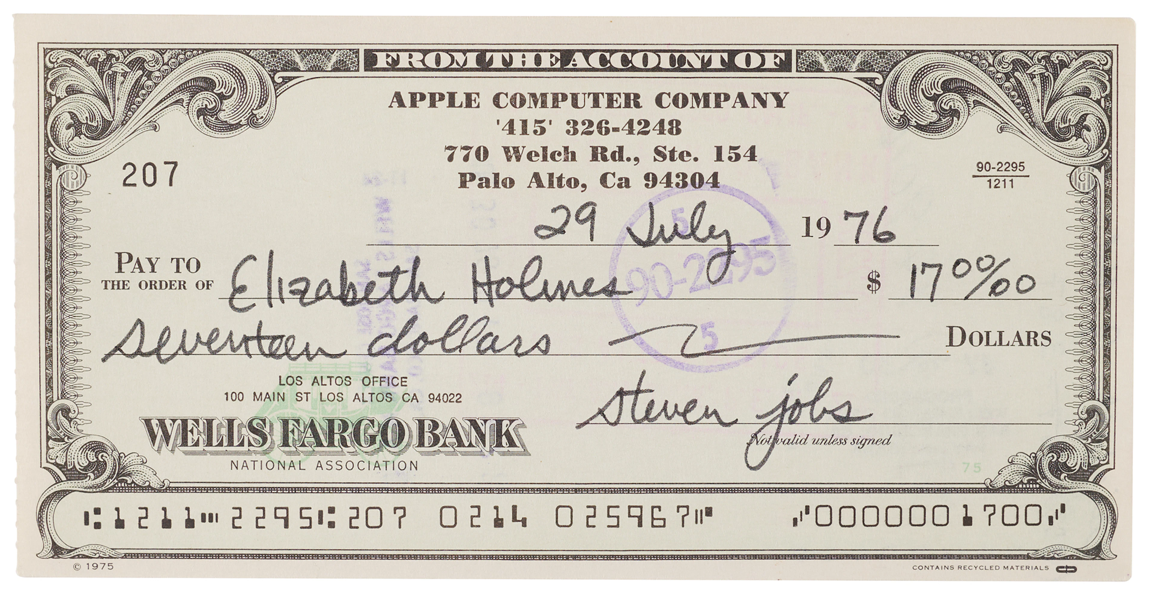 Steve Jobs Signed 1976 Apple Computer Company Check to Apple's First