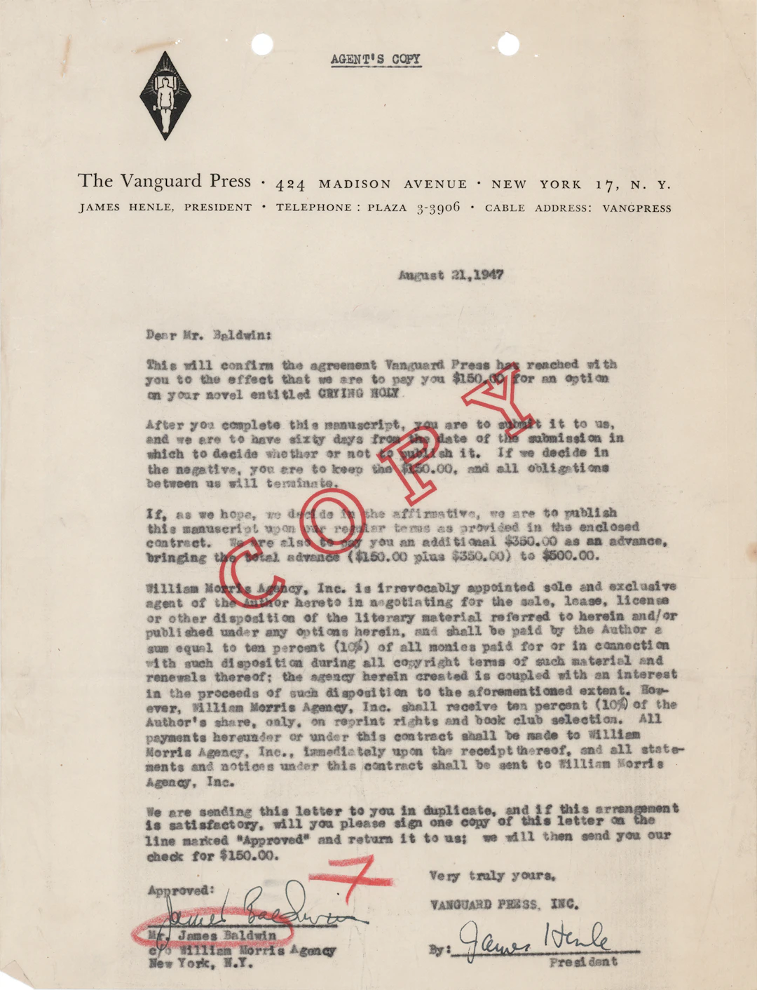 James Baldwin Document Signed - Agent's Copy of His Vanguard Press