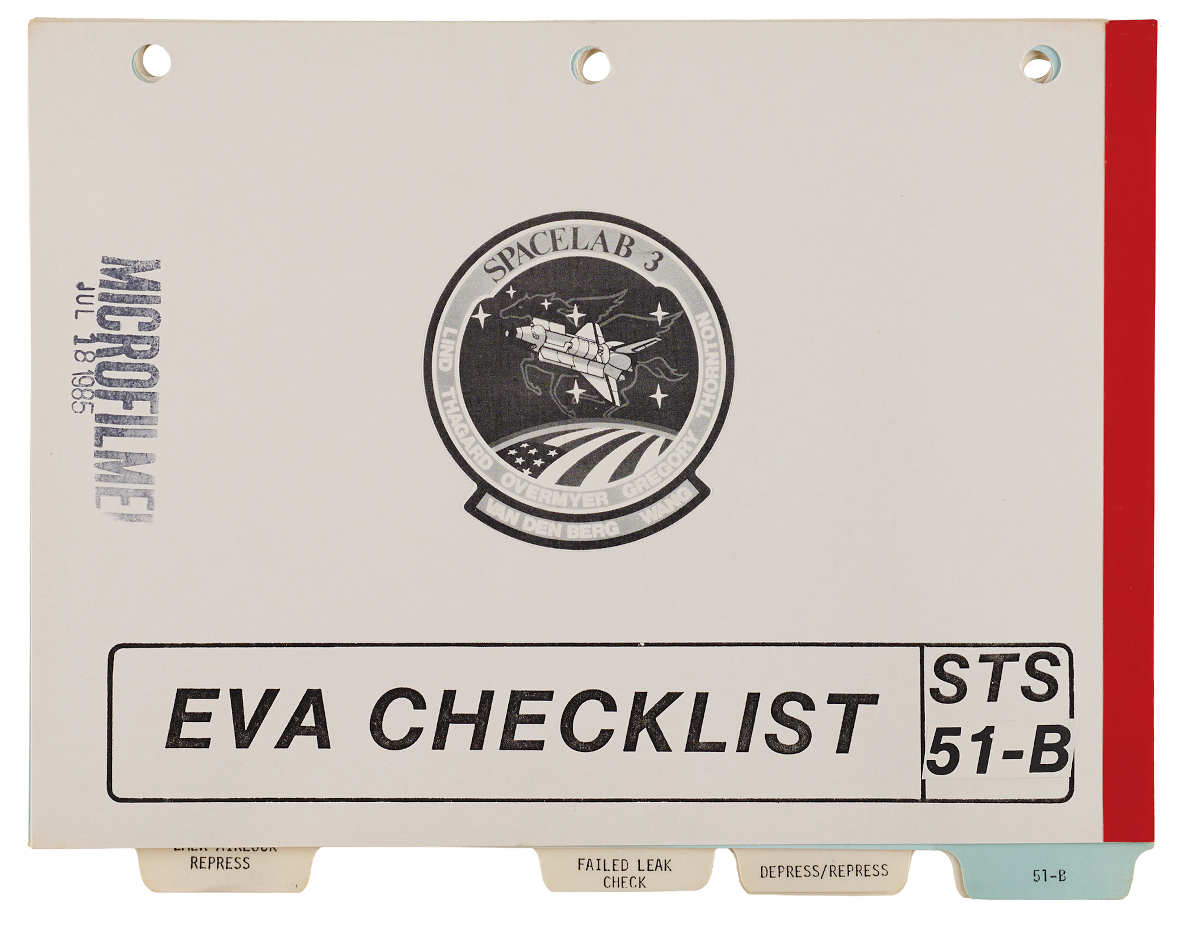 STS-51-B EVA Checklist [Attested Flown] - From the Personal Collection