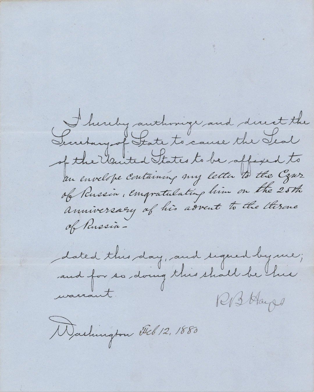 Rutherford B. Hayes Document Signed as President, Sending a Letter