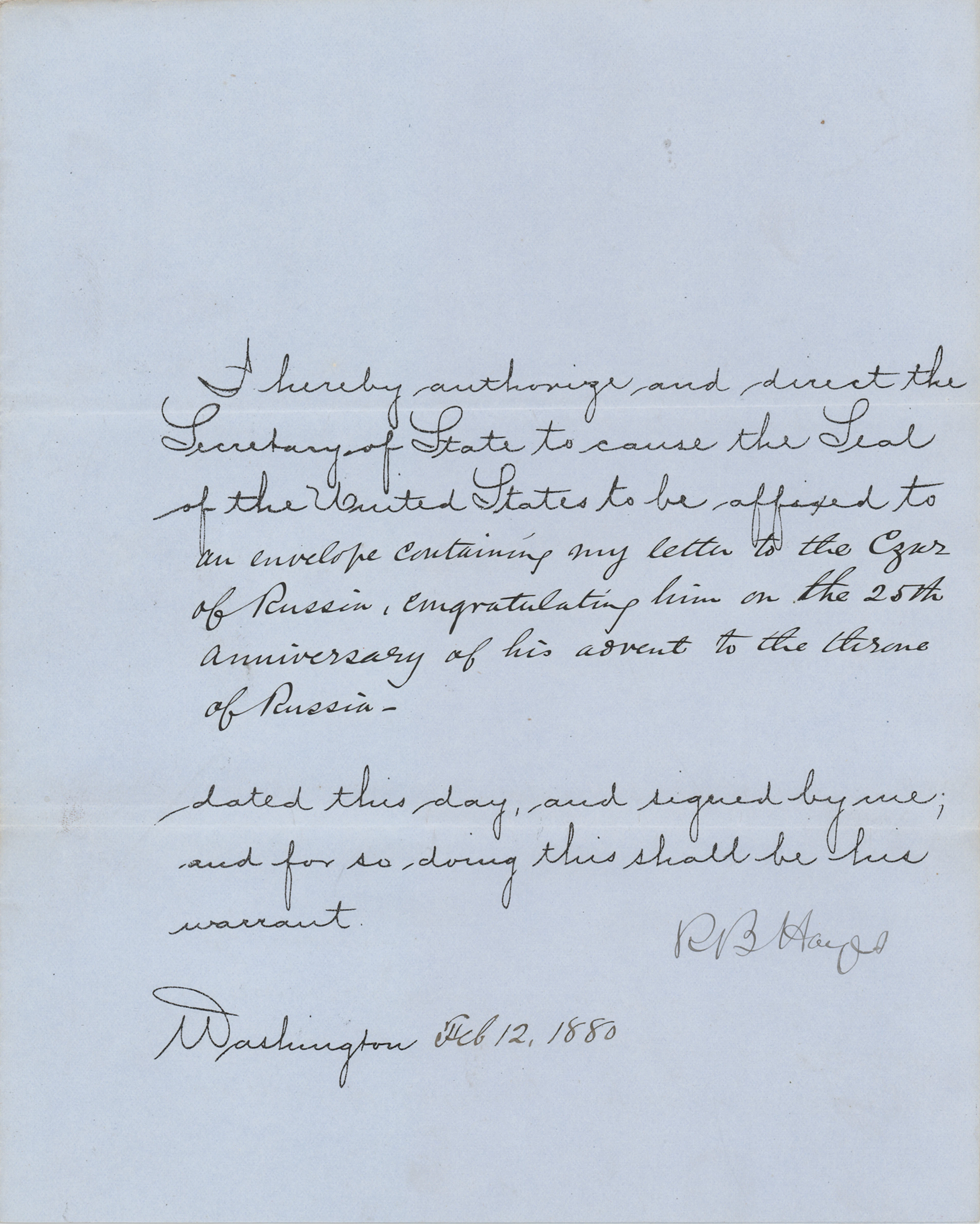 Rutherford B. Hayes Document Signed as President, Sending a Letter