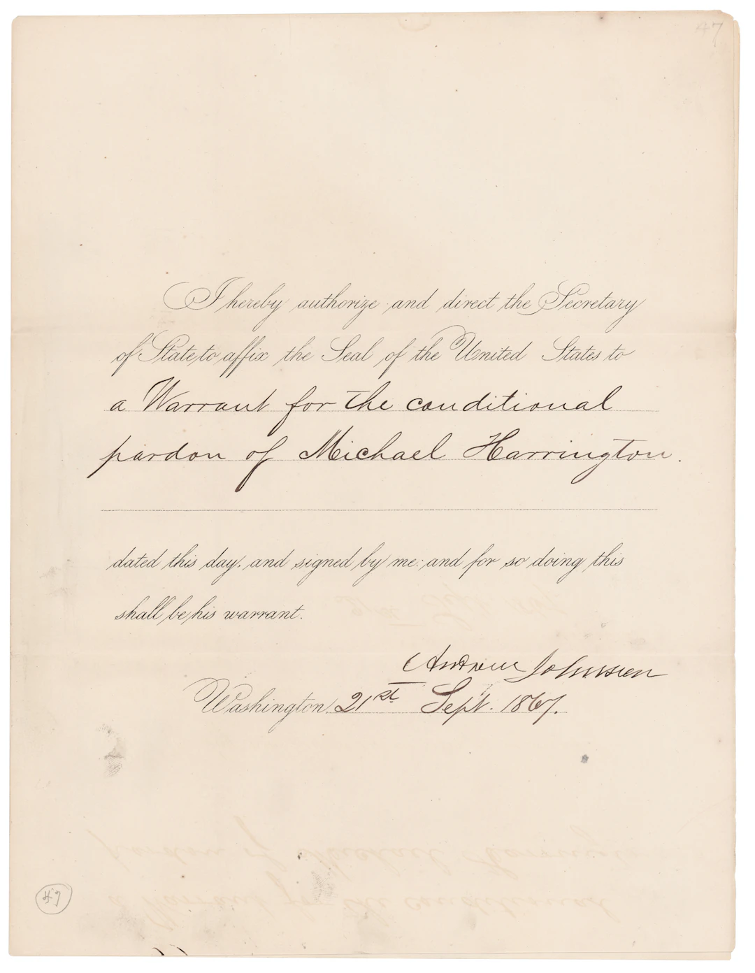 Andrew Johnson Document Signed as President for a Conditional Pardon