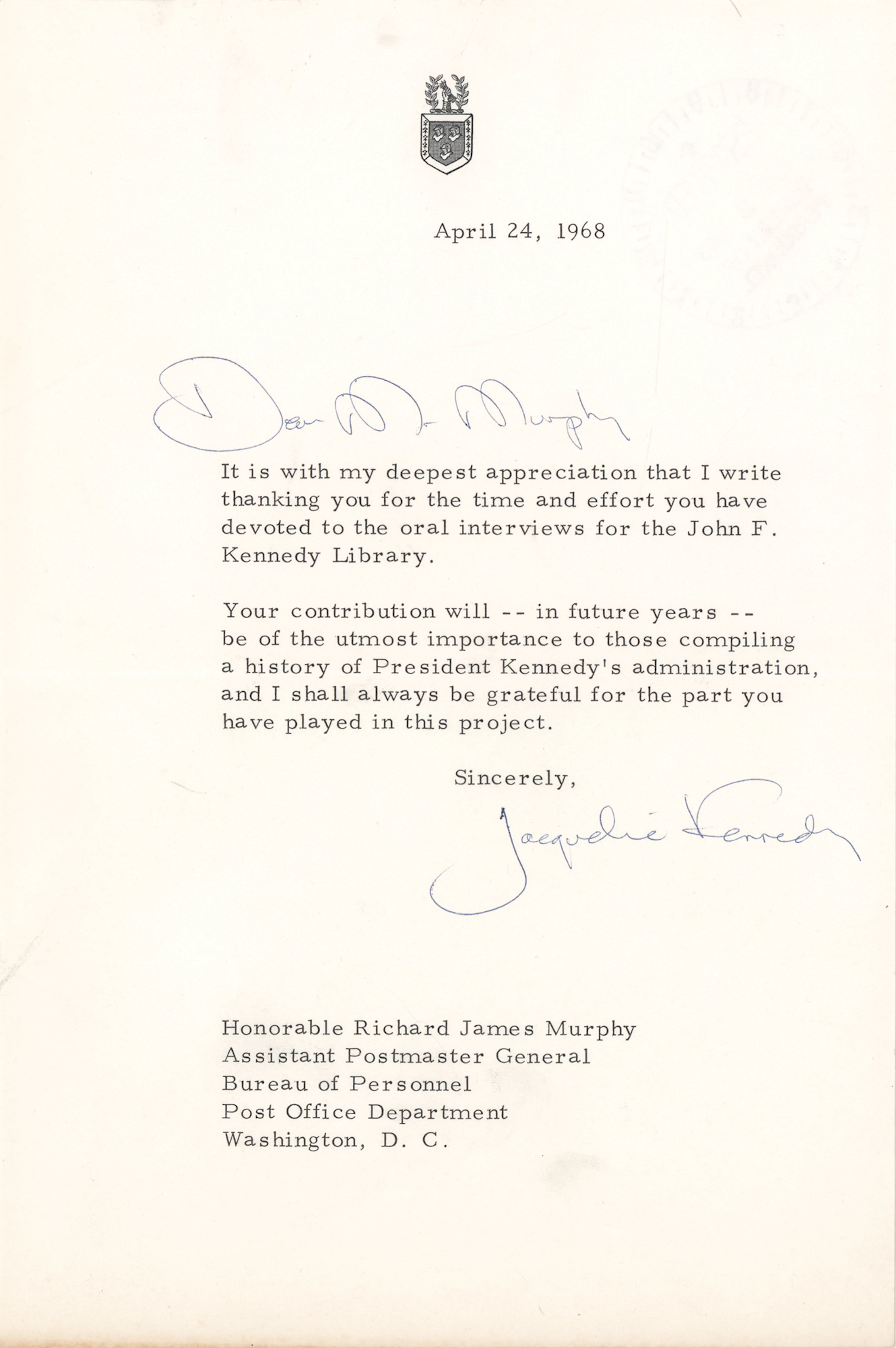 Jacqueline Kennedy Typed Letter Signed: "Your contribution will in