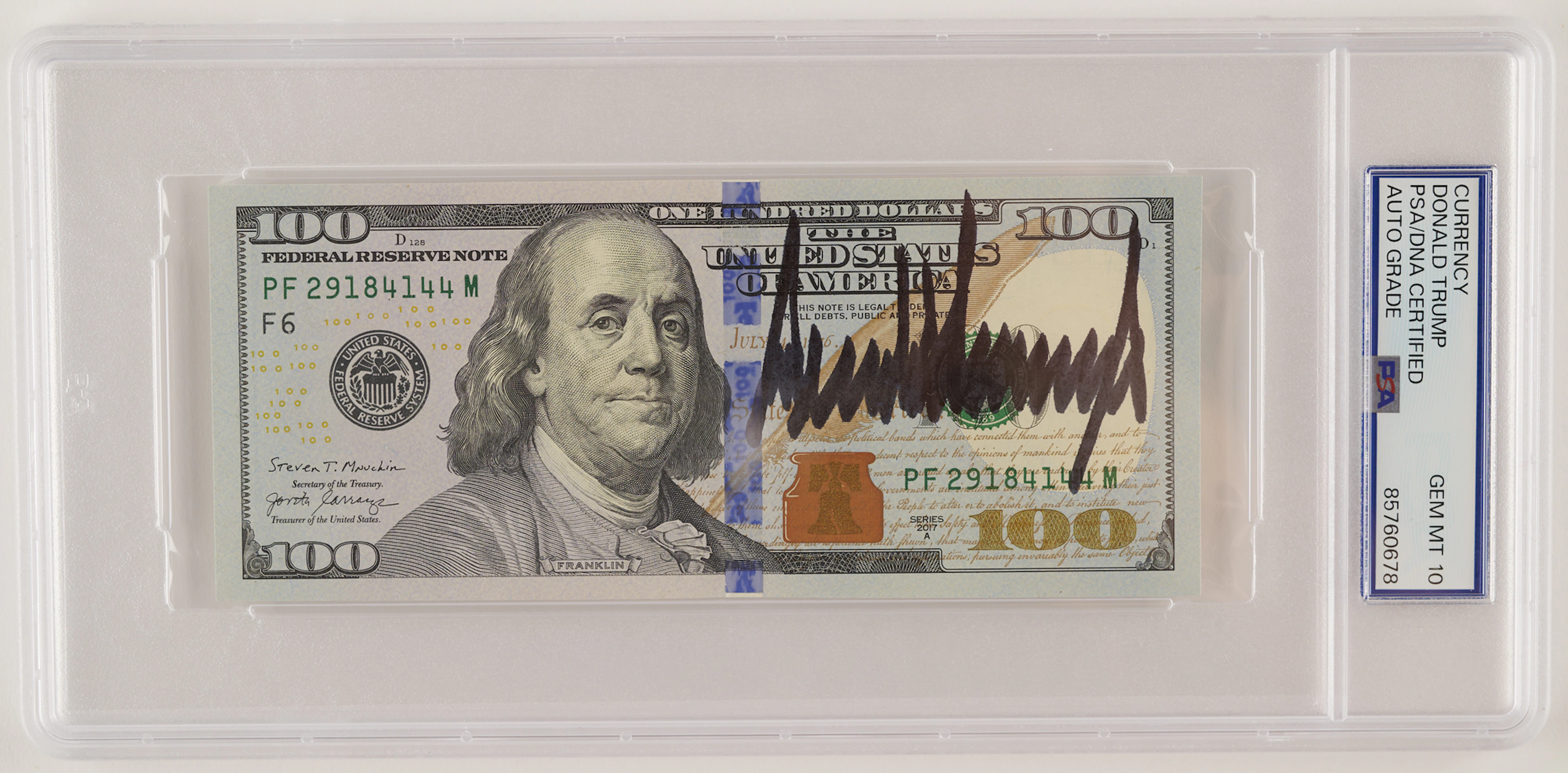 Donald Trump Signed $100 Dollar Bill - PSA GEM MINT 10
