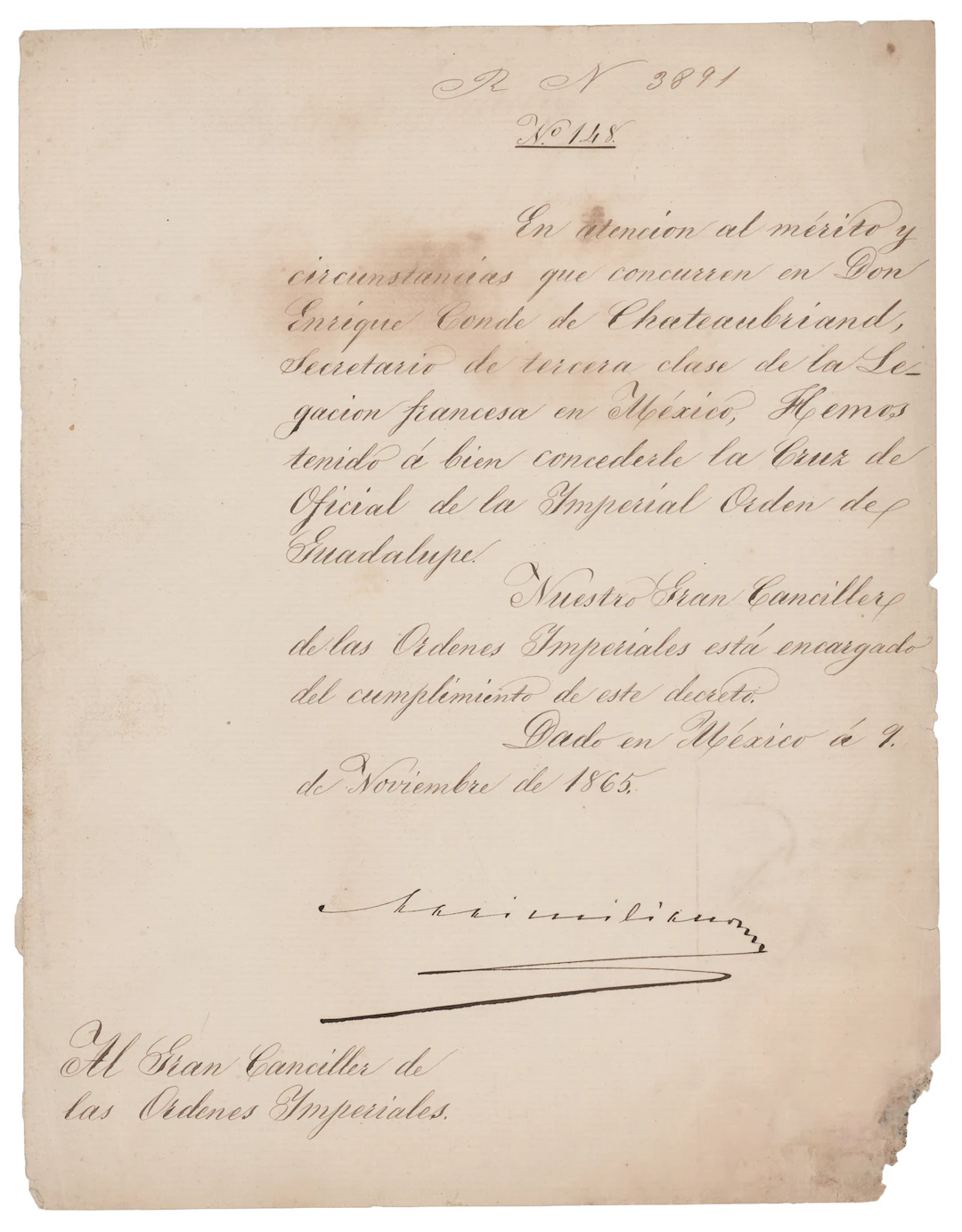 Maximilian I of Mexico, Granting "the Cross of Officer of the Imperial