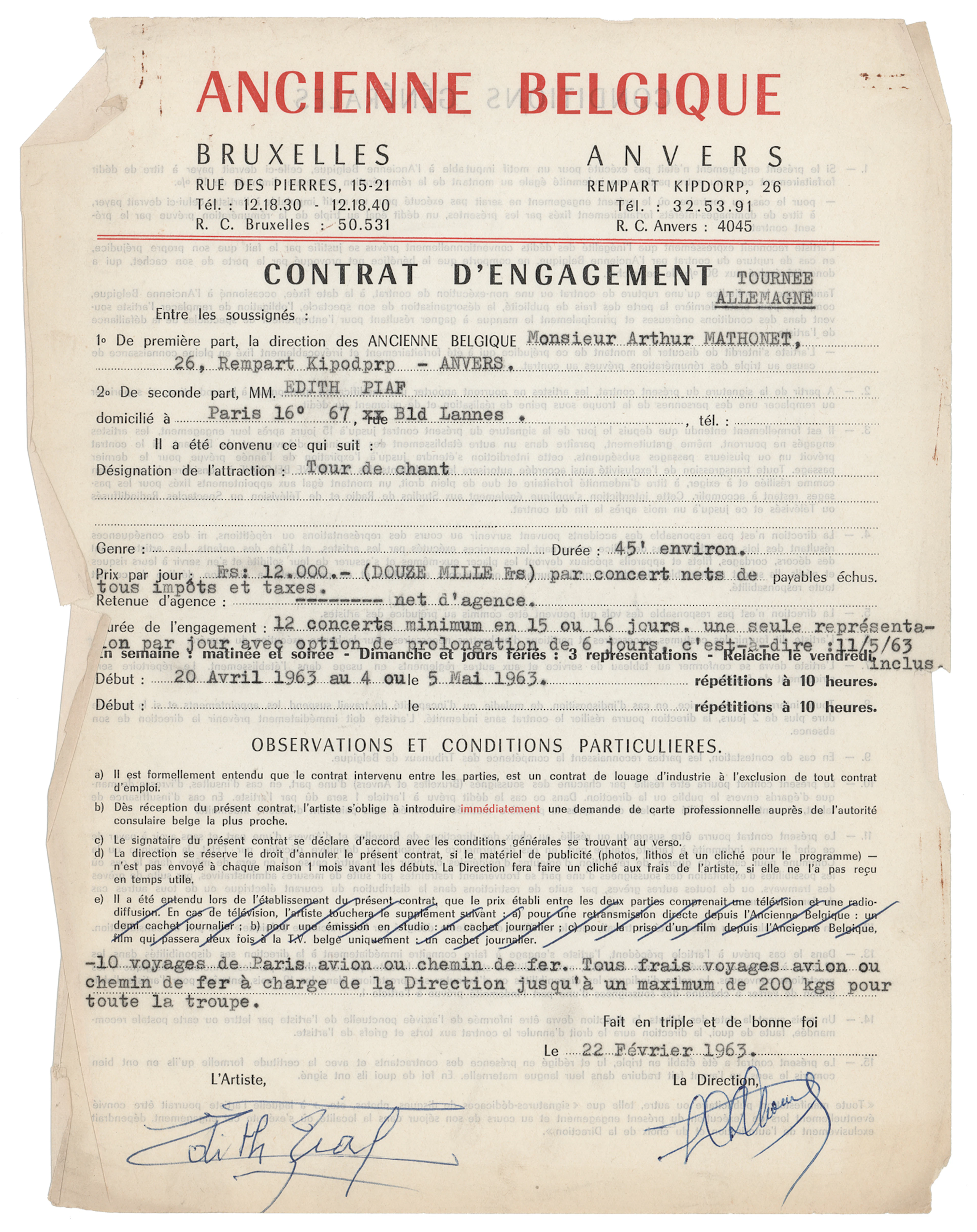 Edith Piaf Document Signed