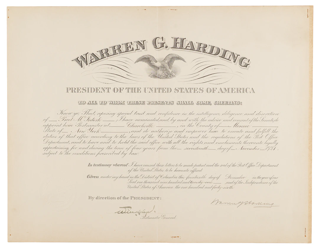 Warren G. Harding Document Signed as President, Appointing a Postmaster