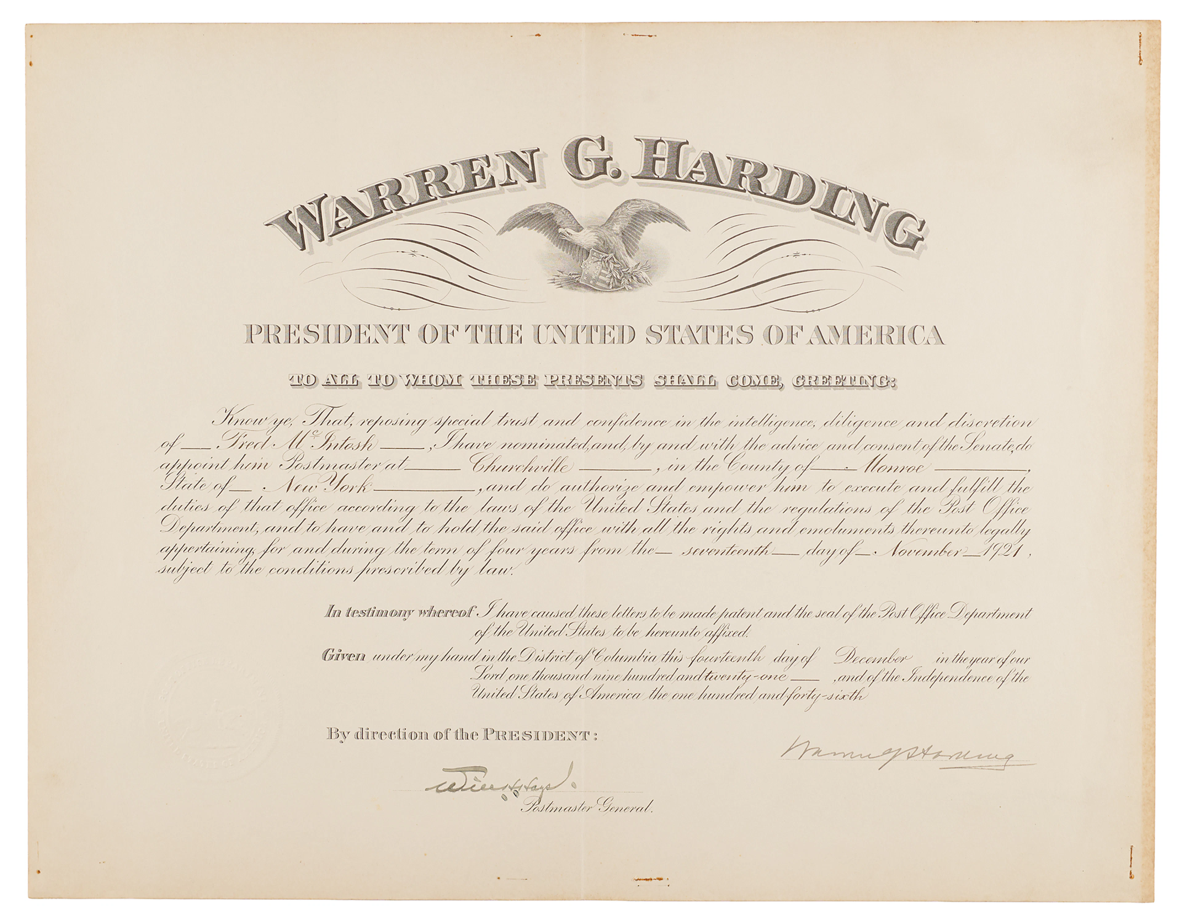 Warren G. Harding Document Signed as President, Appointing a Postmaster