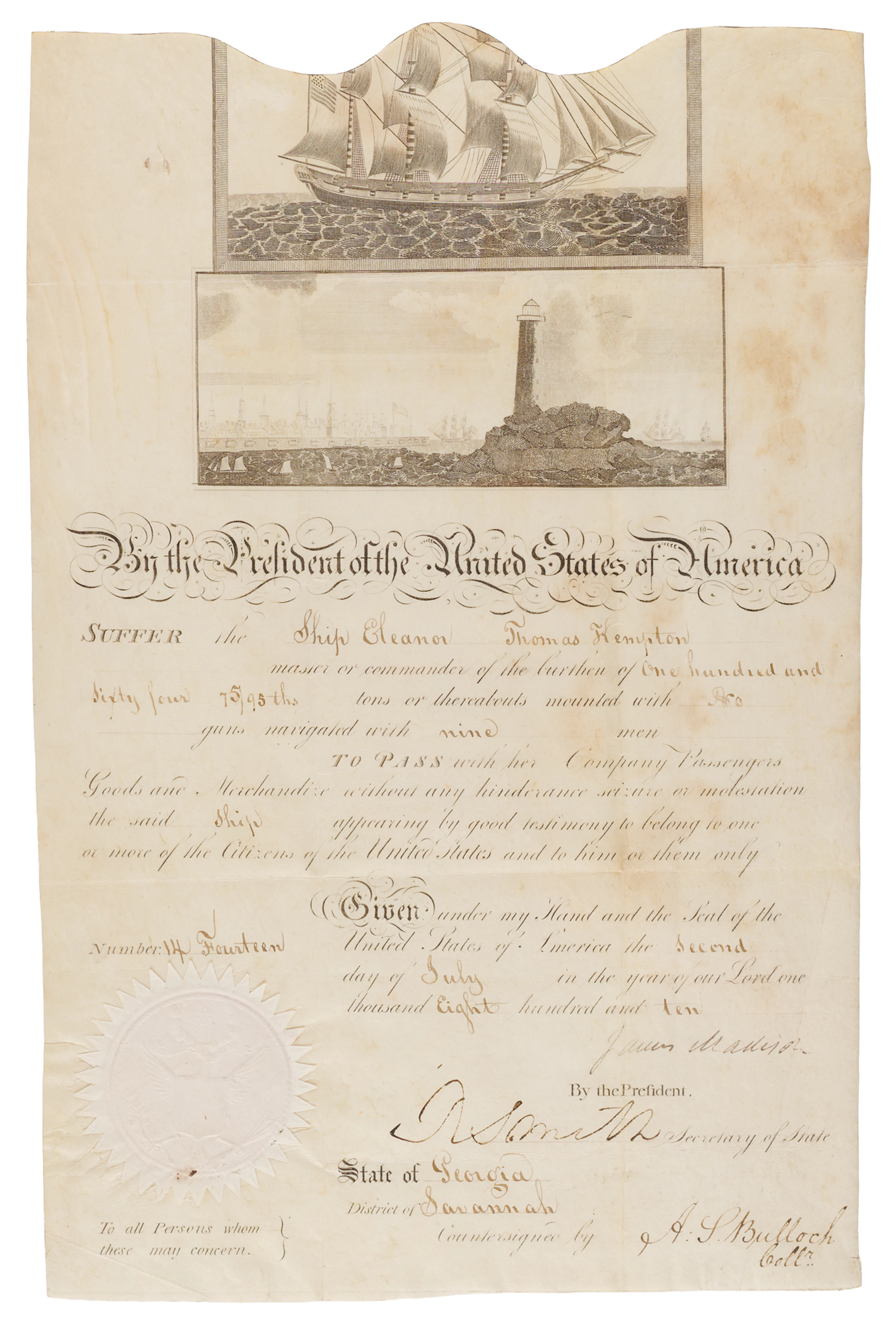 James Madison Document Signed as President - Scalloped-Top Passport