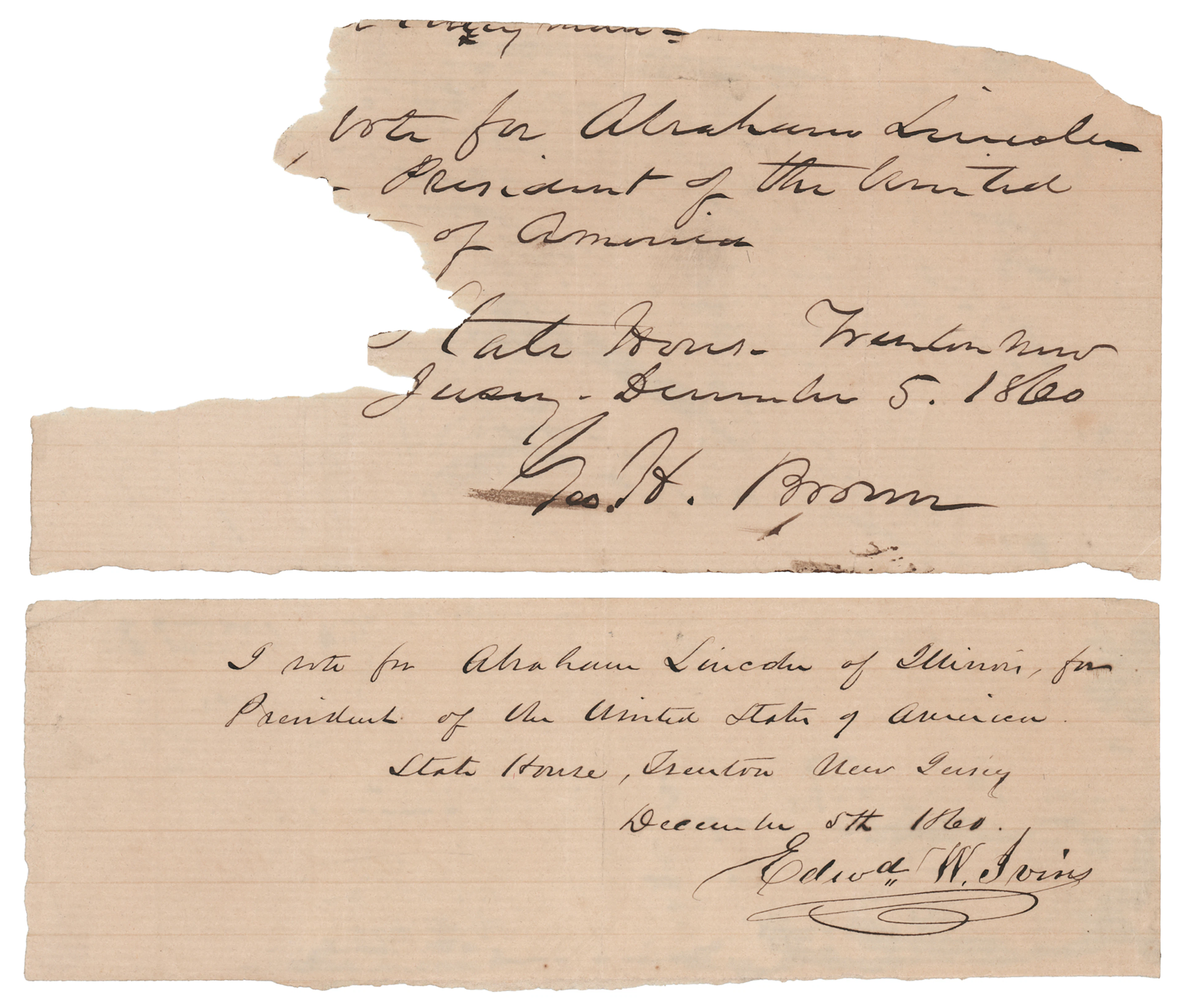 Abraham Lincoln (2) 1860 Presidential Electoral Ballots from New Jersey