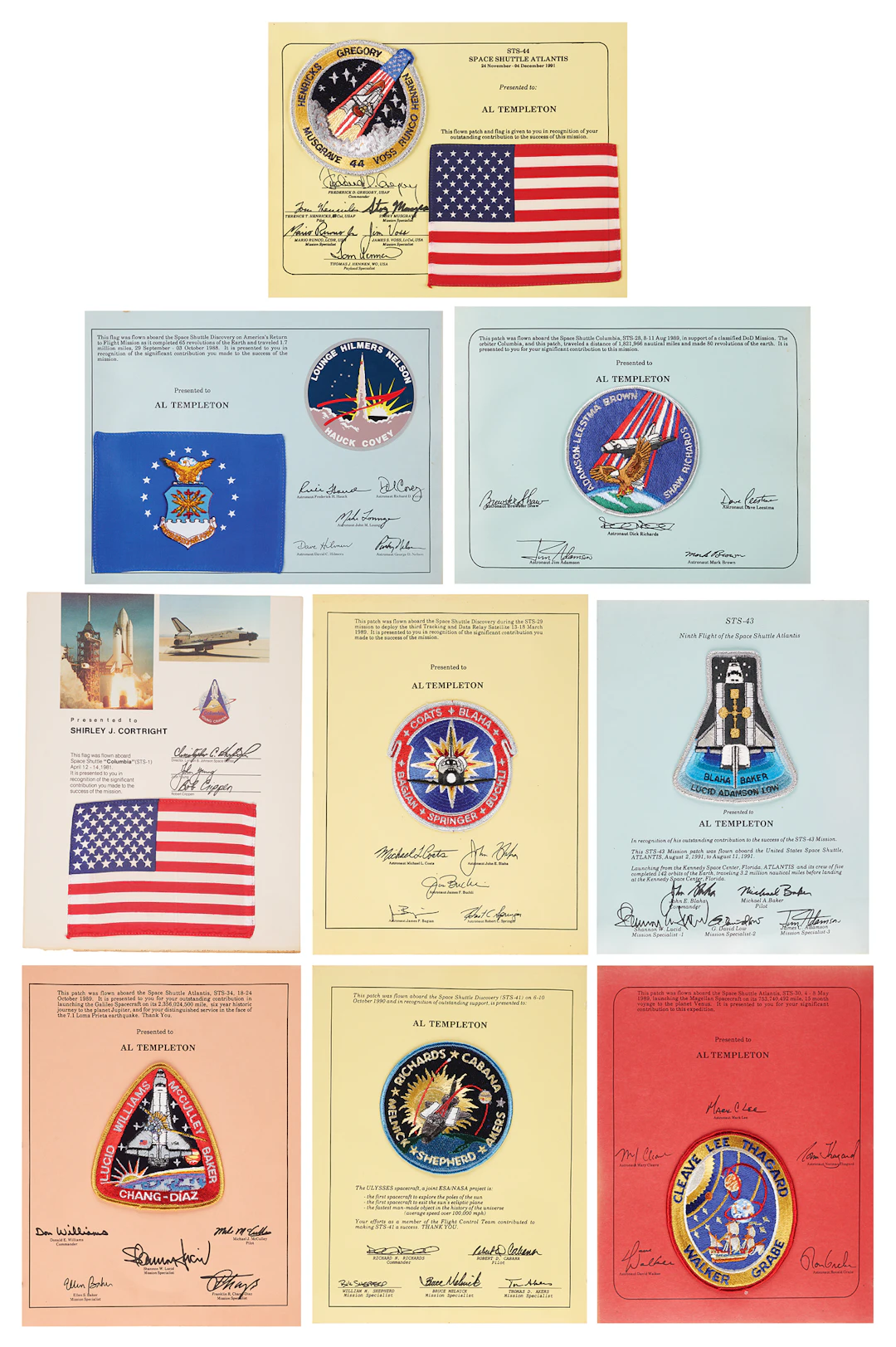 Space Shuttle Collection of (10) Flown Flags and Mission Patches