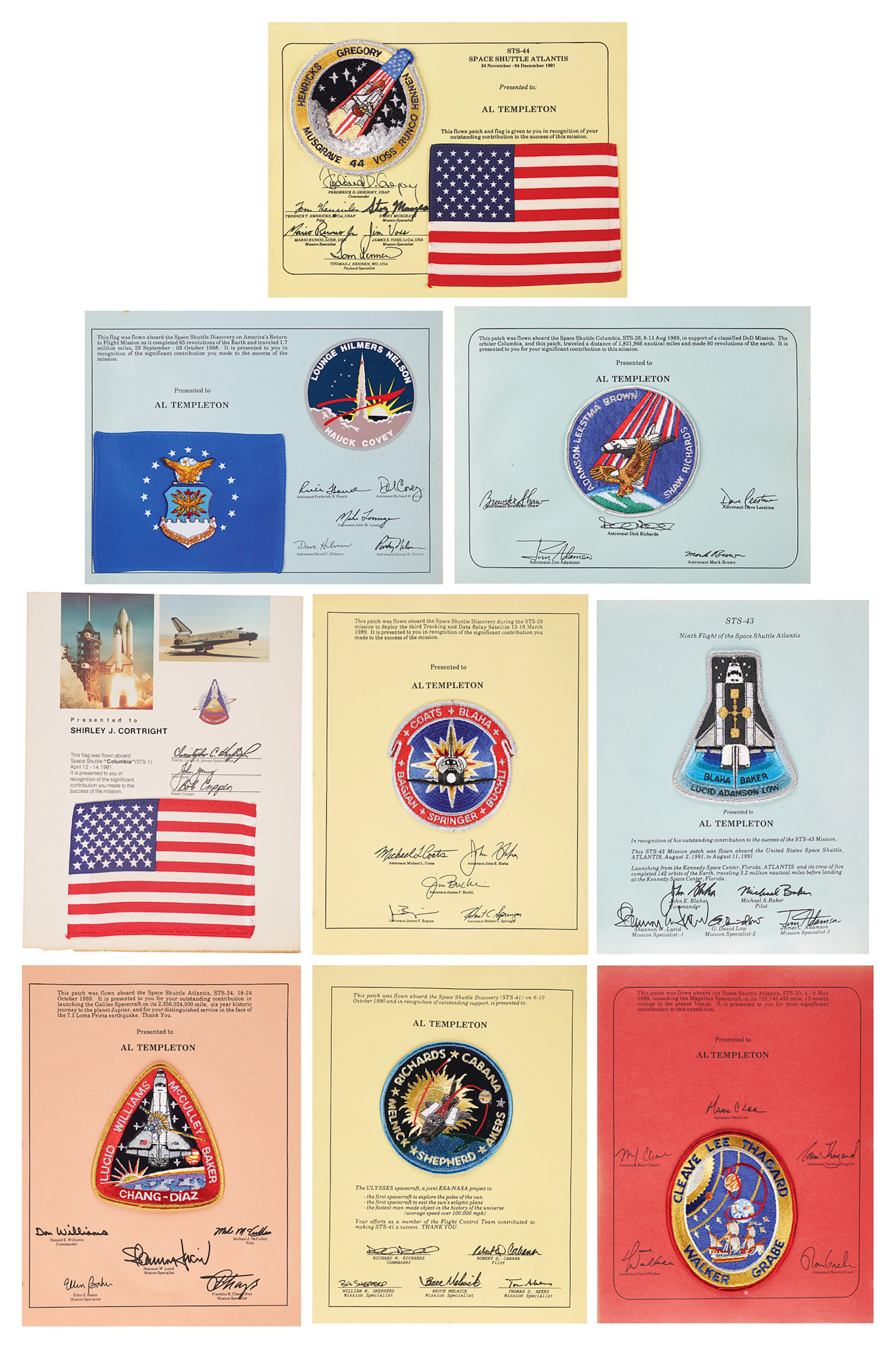 Space Shuttle Collection of (10) Flown Flags and Mission Patches