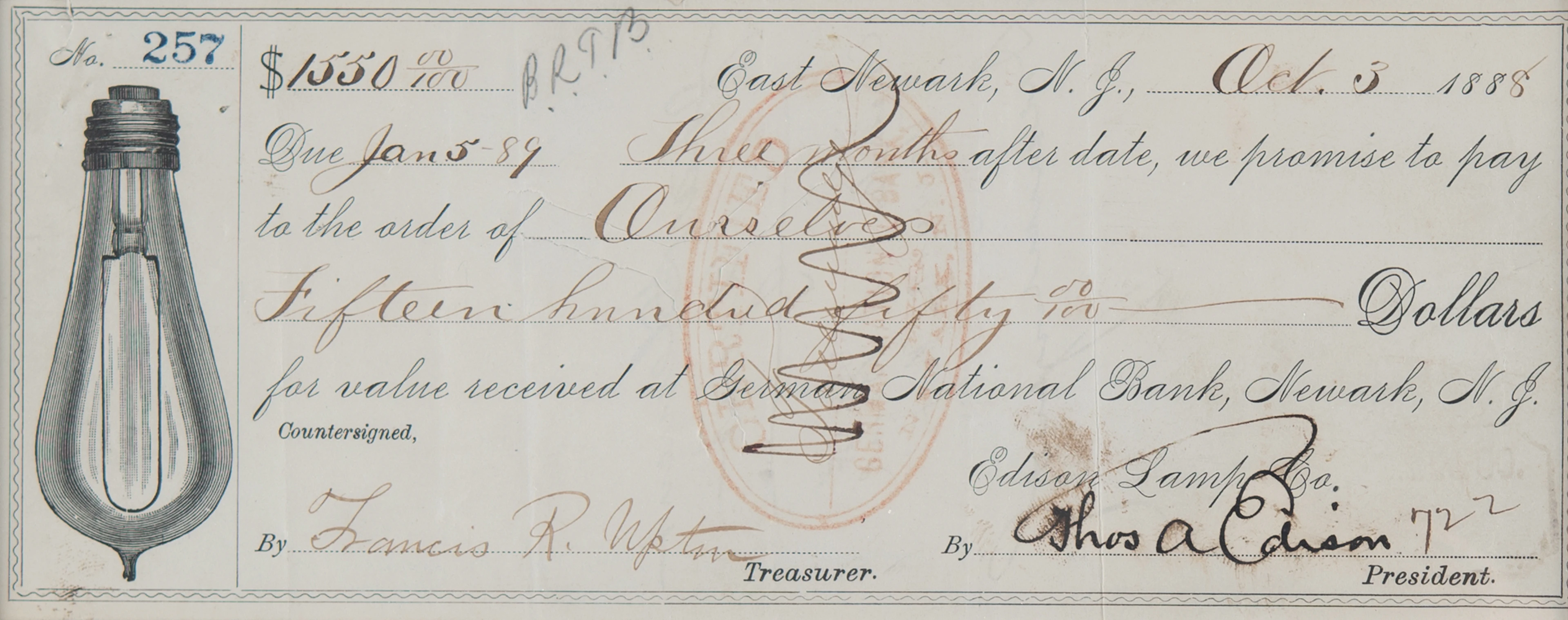 Thomas Edison and Francis R. Upton Signed Promissory Note from Edison