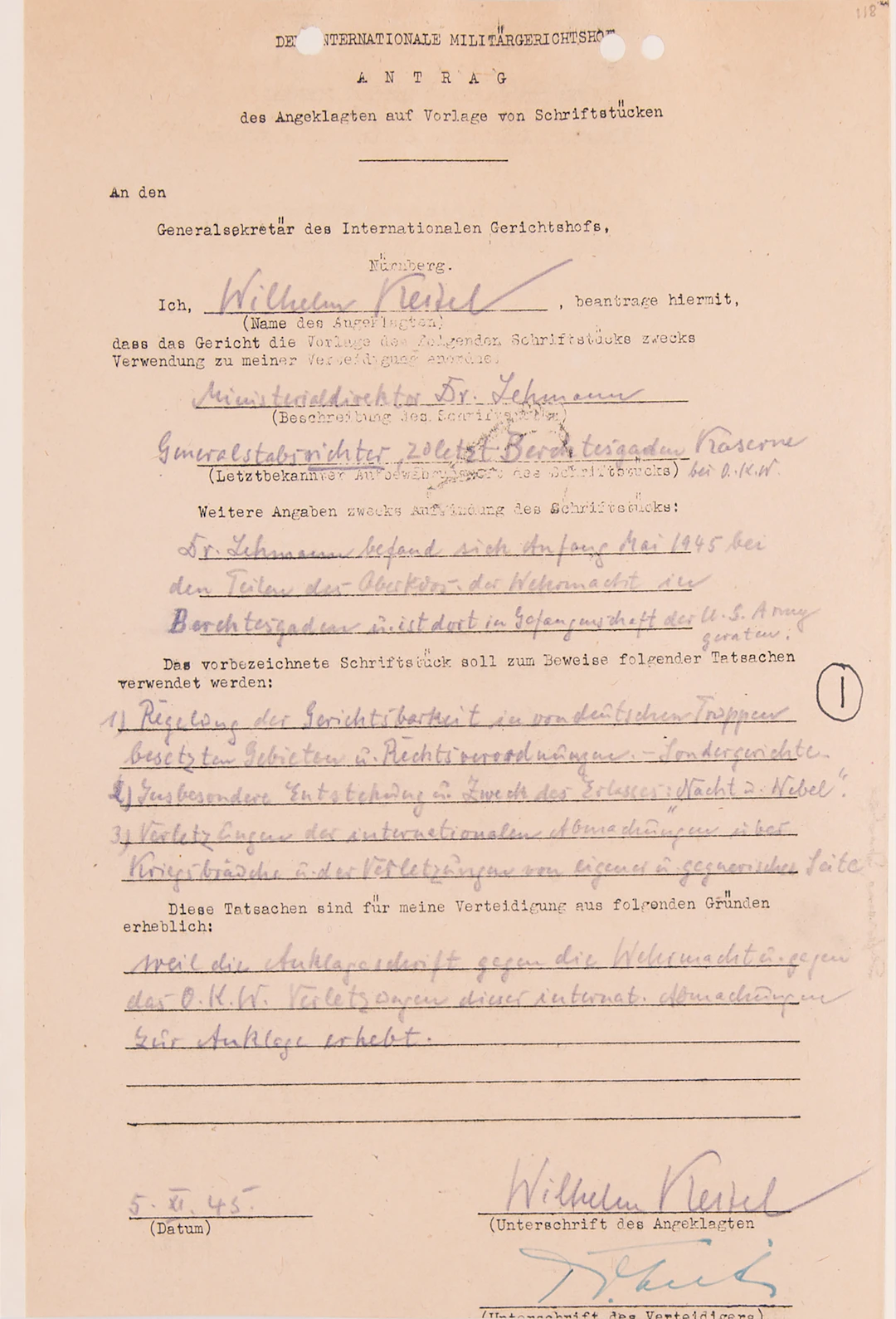 Wilhelm Keitel Document Signed at Nuremberg, Seeking Testimony from