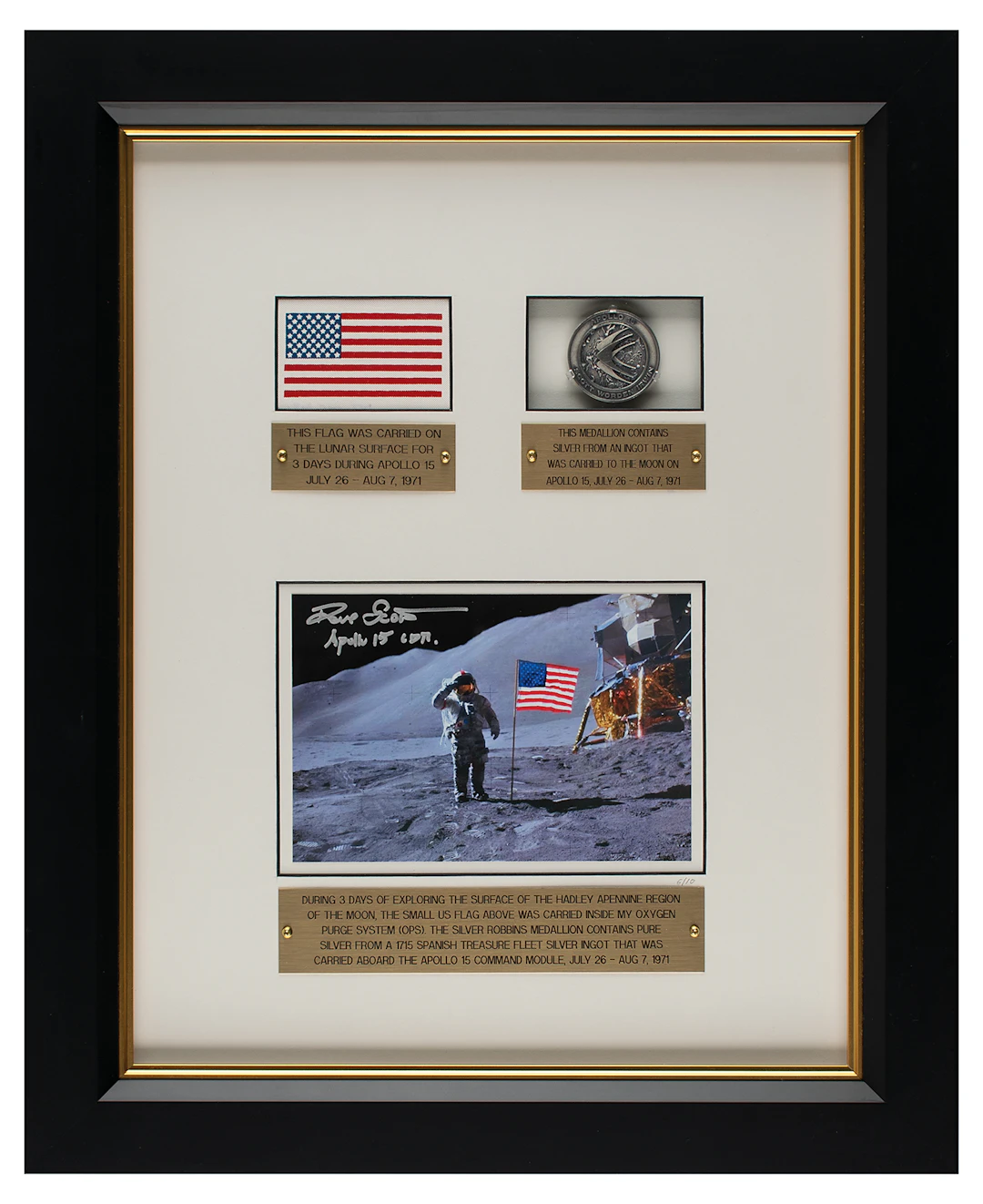 Apollo 15 Lunar Landed Flag and Lunar Orbited Metal Robbins Medallion