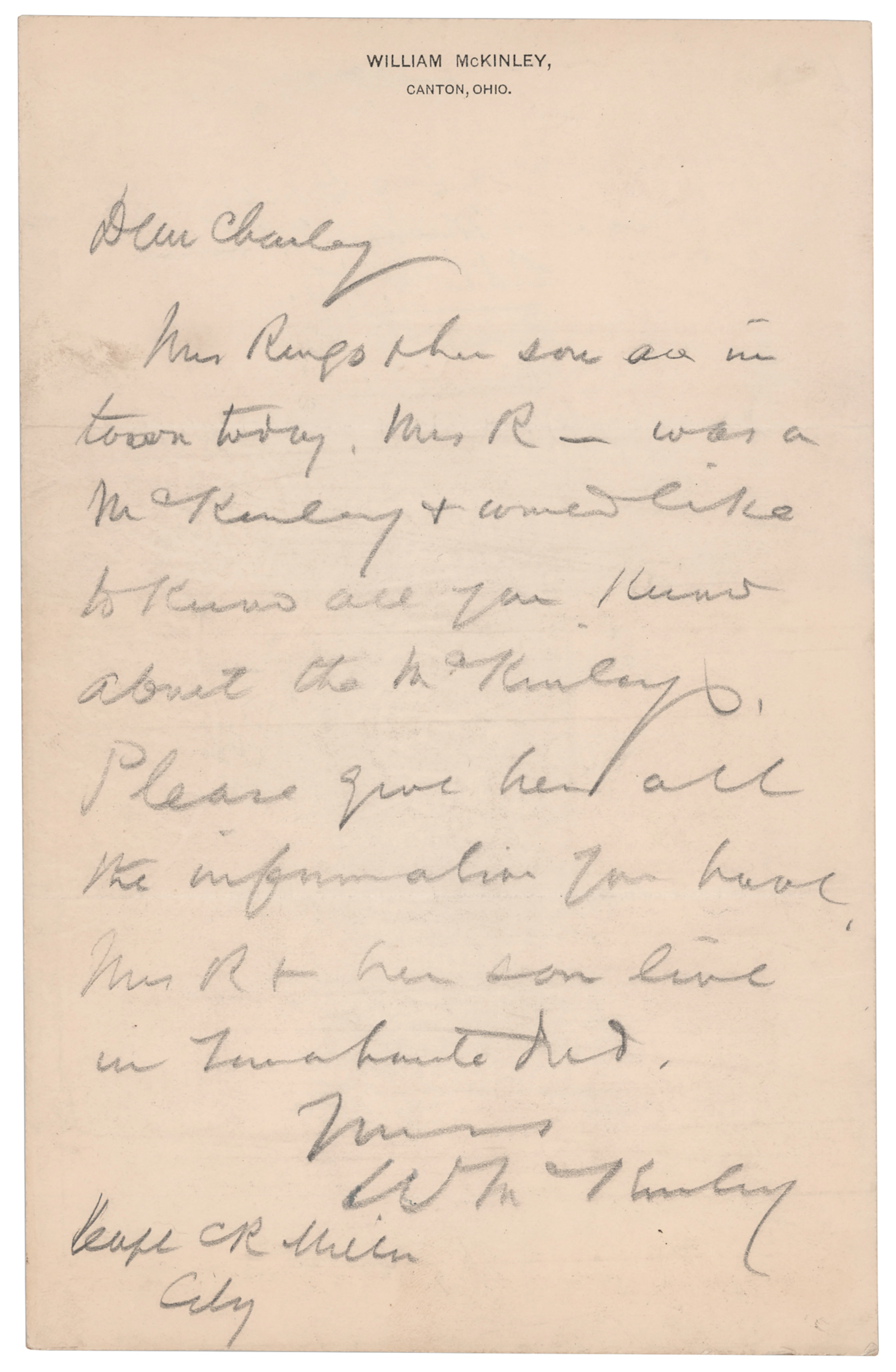 William McKinley Autograph Letter Signed on His Family Heritage: "Mrs.