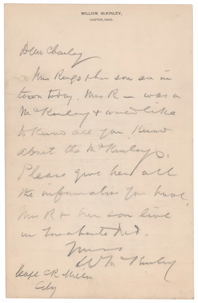 William McKinley Autograph Letter Signed on His Family Heritage: "Mrs.