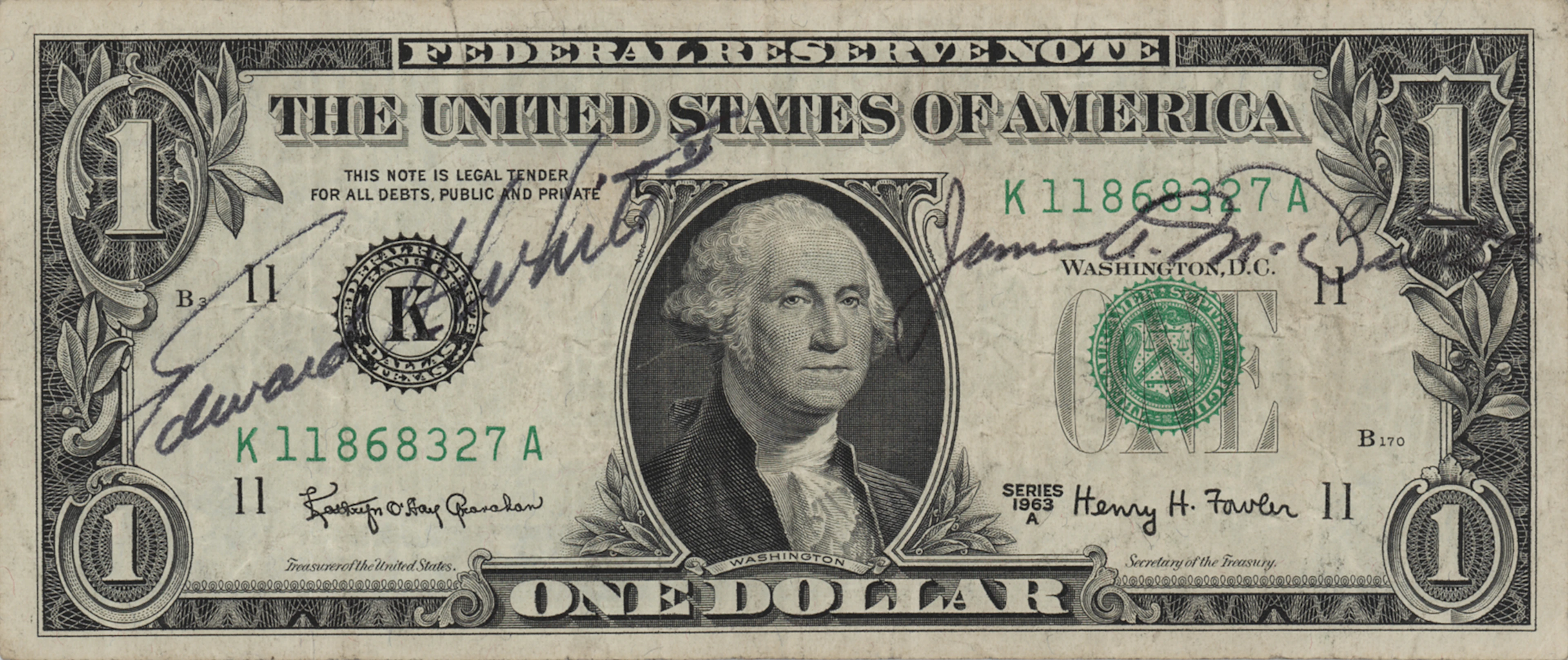 Gemini 4 Crew-Signed $1 Dollar Bill - White and McDivitt