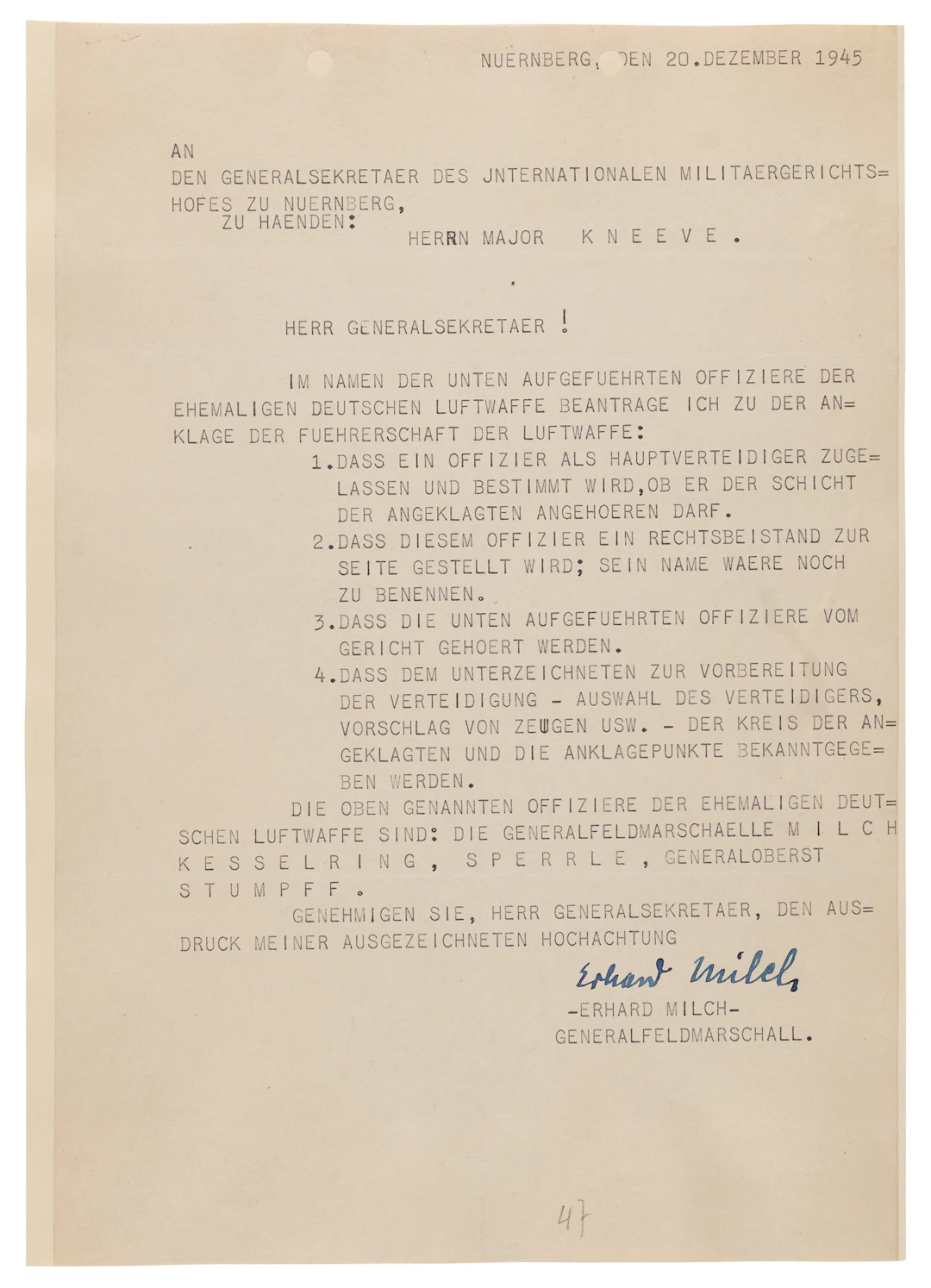 Erhard Milch (2) Typed Letters Signed at Nuremberg, Defending the