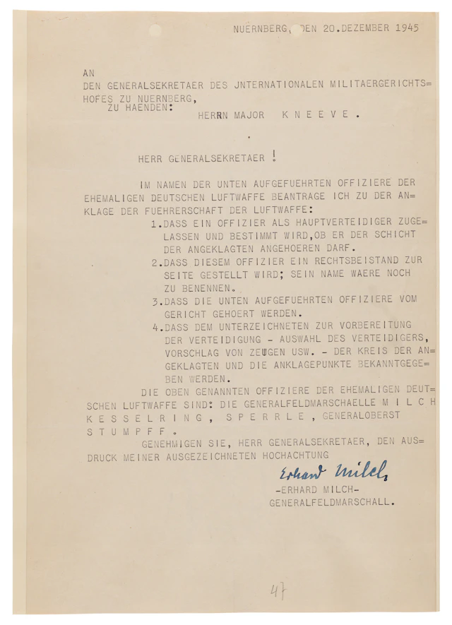 Erhard Milch (2) Typed Letters Signed at Nuremberg, Defending the