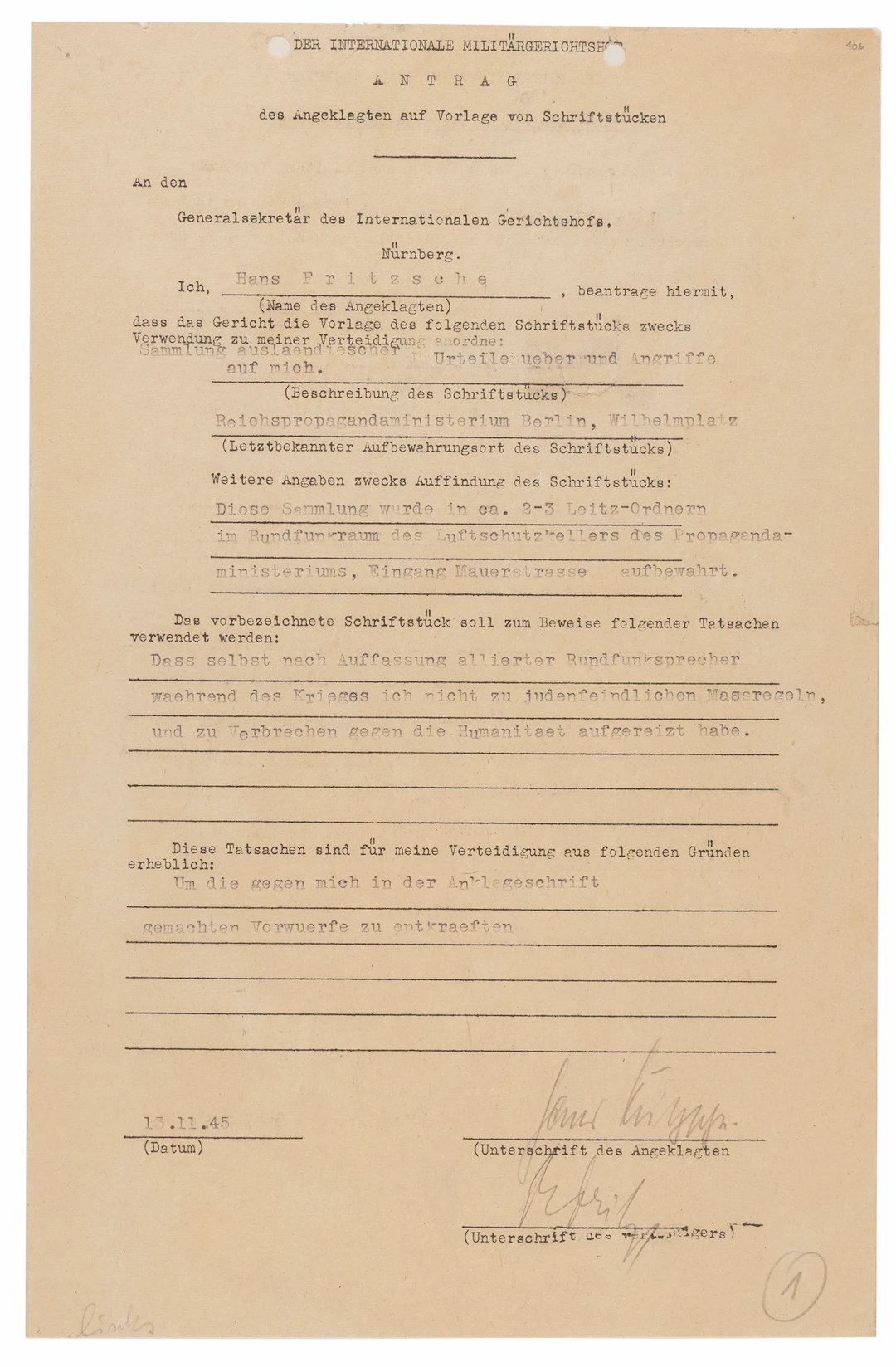 Hans Fritzsche Document Signed at Nuremberg, Preparing His Defense: