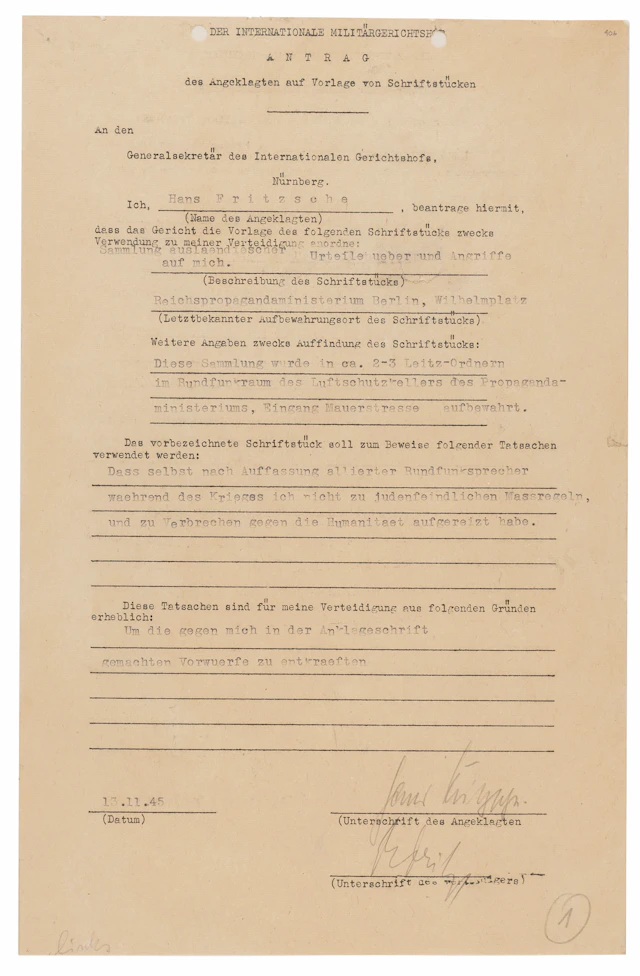Hans Fritzsche Document Signed at Nuremberg, Preparing His Defense: