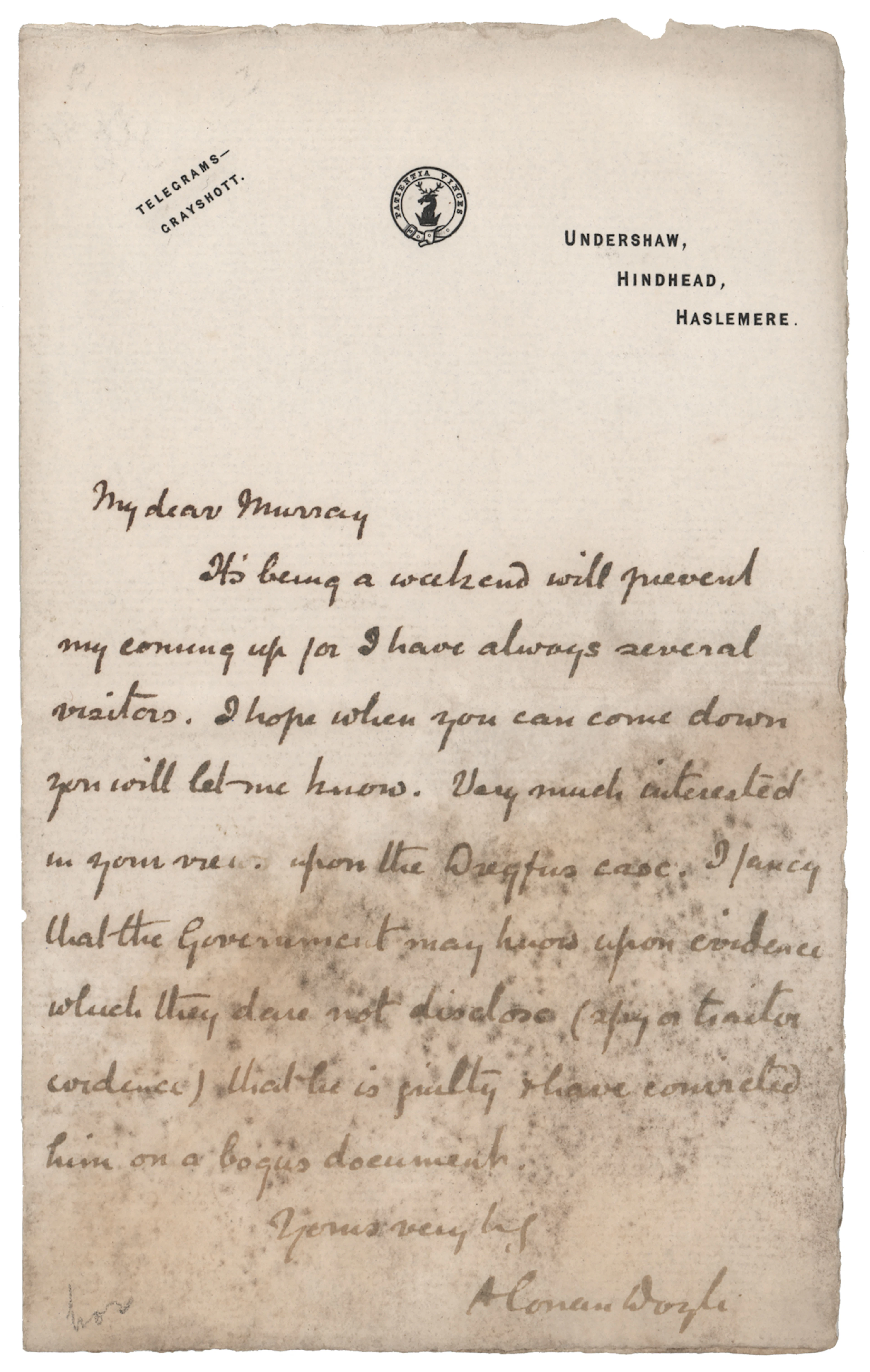 Arthur Conan Doyle Autograph Letter Signed on the Dreyfus Affair