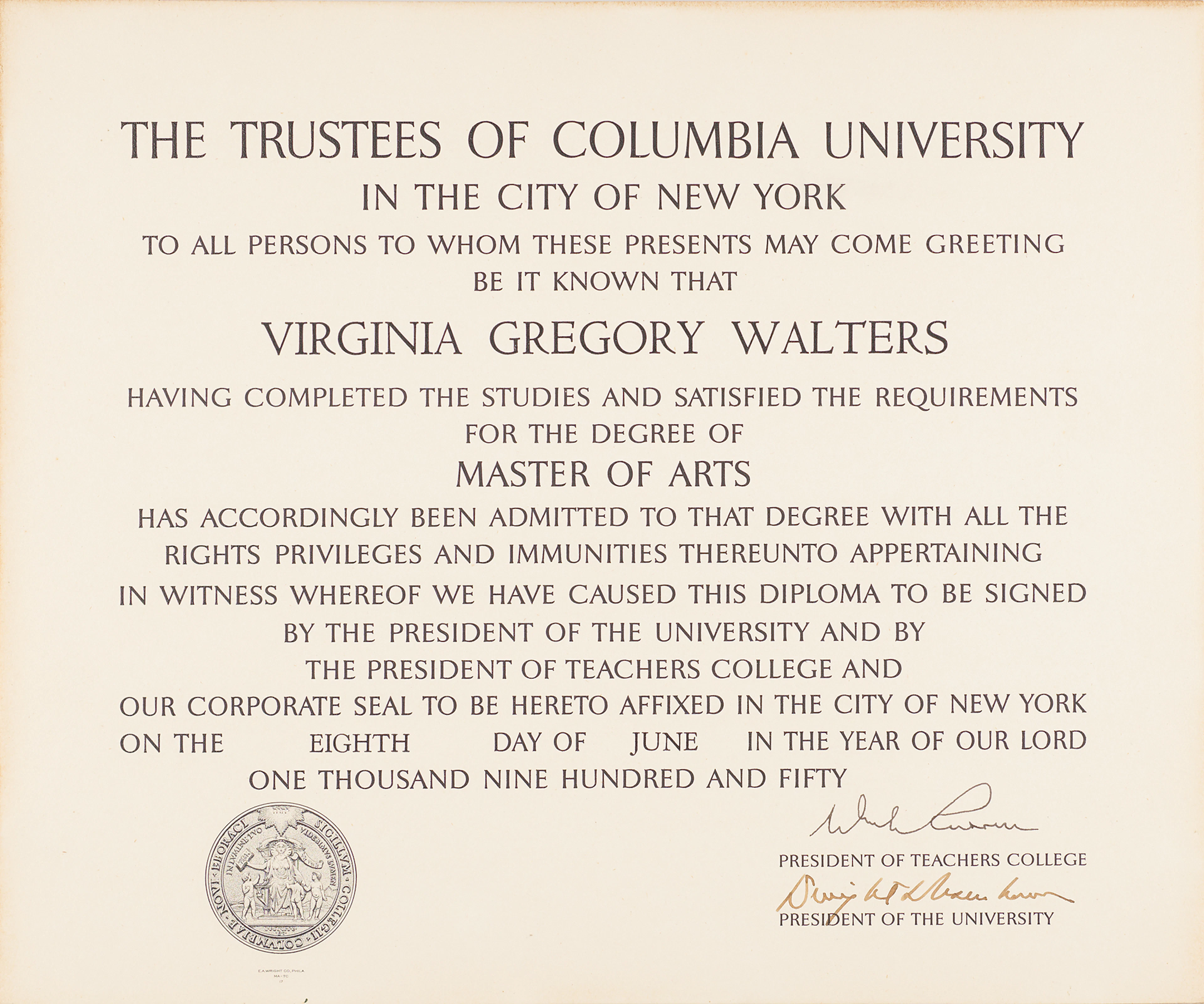 Dwight D. Eisenhower Document Signed - Columbia University Diploma