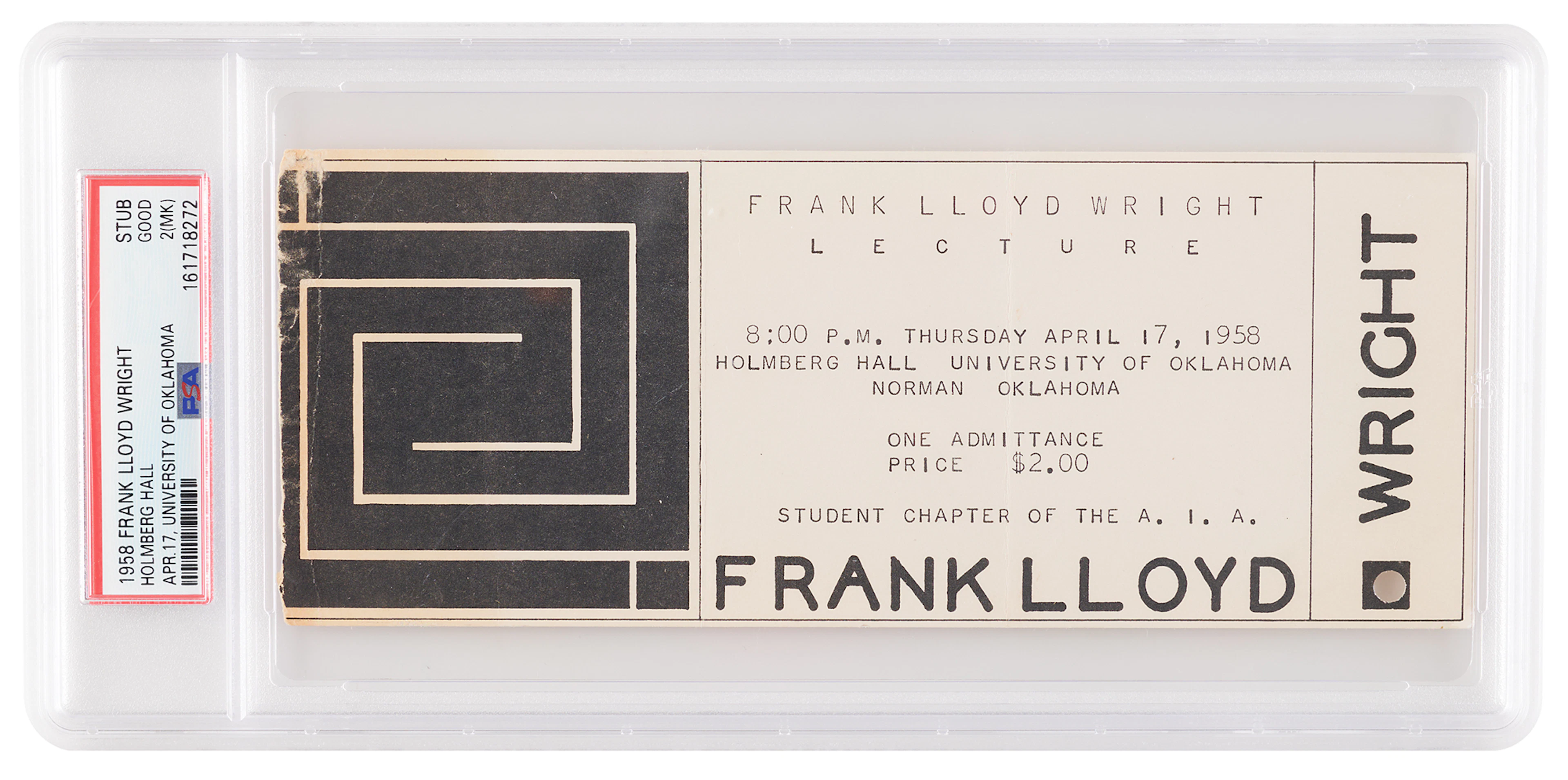 Frank Lloyd Wright 1958 University of Oklahoma Lecture Ticket Stub