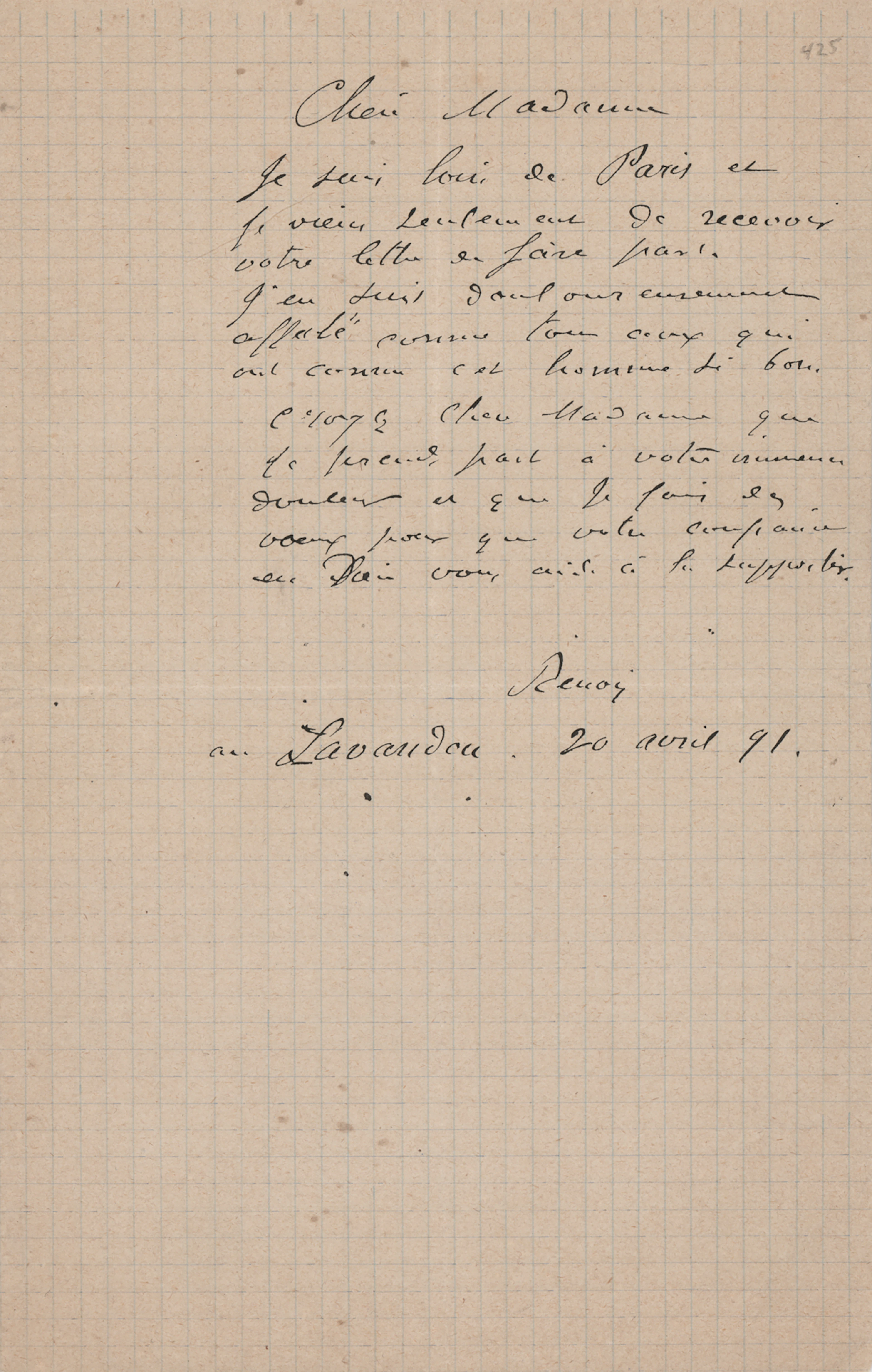 Pierre-Auguste Renoir Autograph Letter Signed: "I am praying that