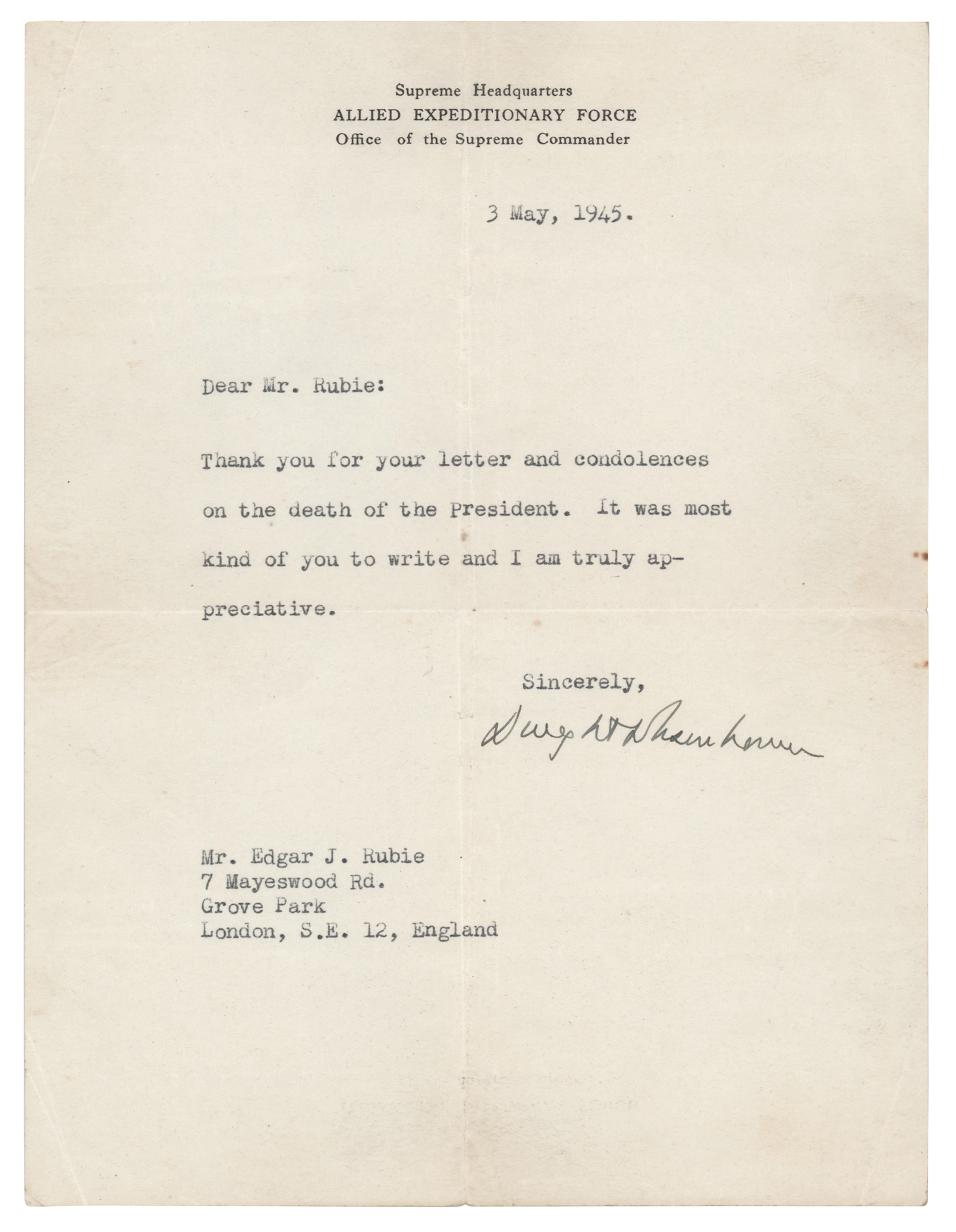 Dwight D. Eisenhower War-Dated Typed Letter Signed on the Death of