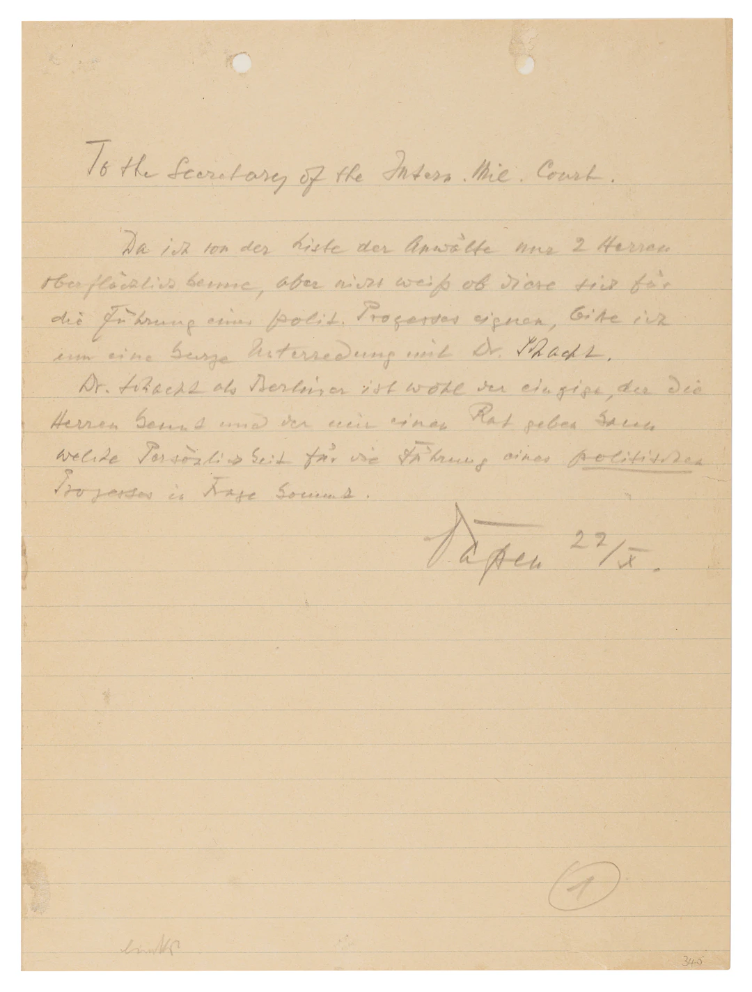 Franz von Papen Autograph Letter Signed at Nuremberg, Requesting Legal