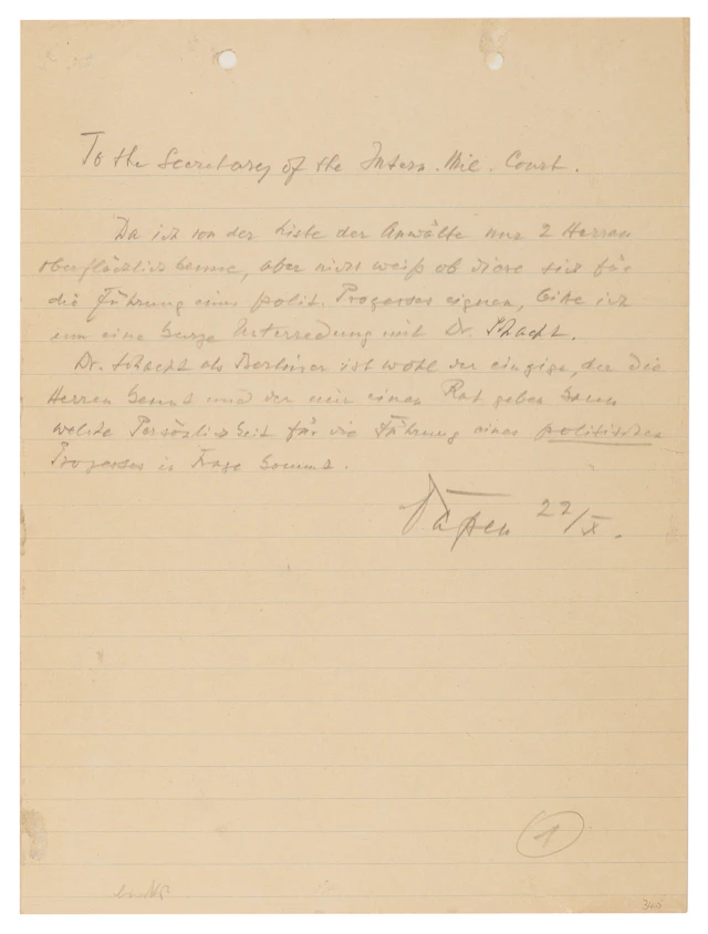 Franz von Papen Autograph Letter Signed at Nuremberg, Requesting Legal