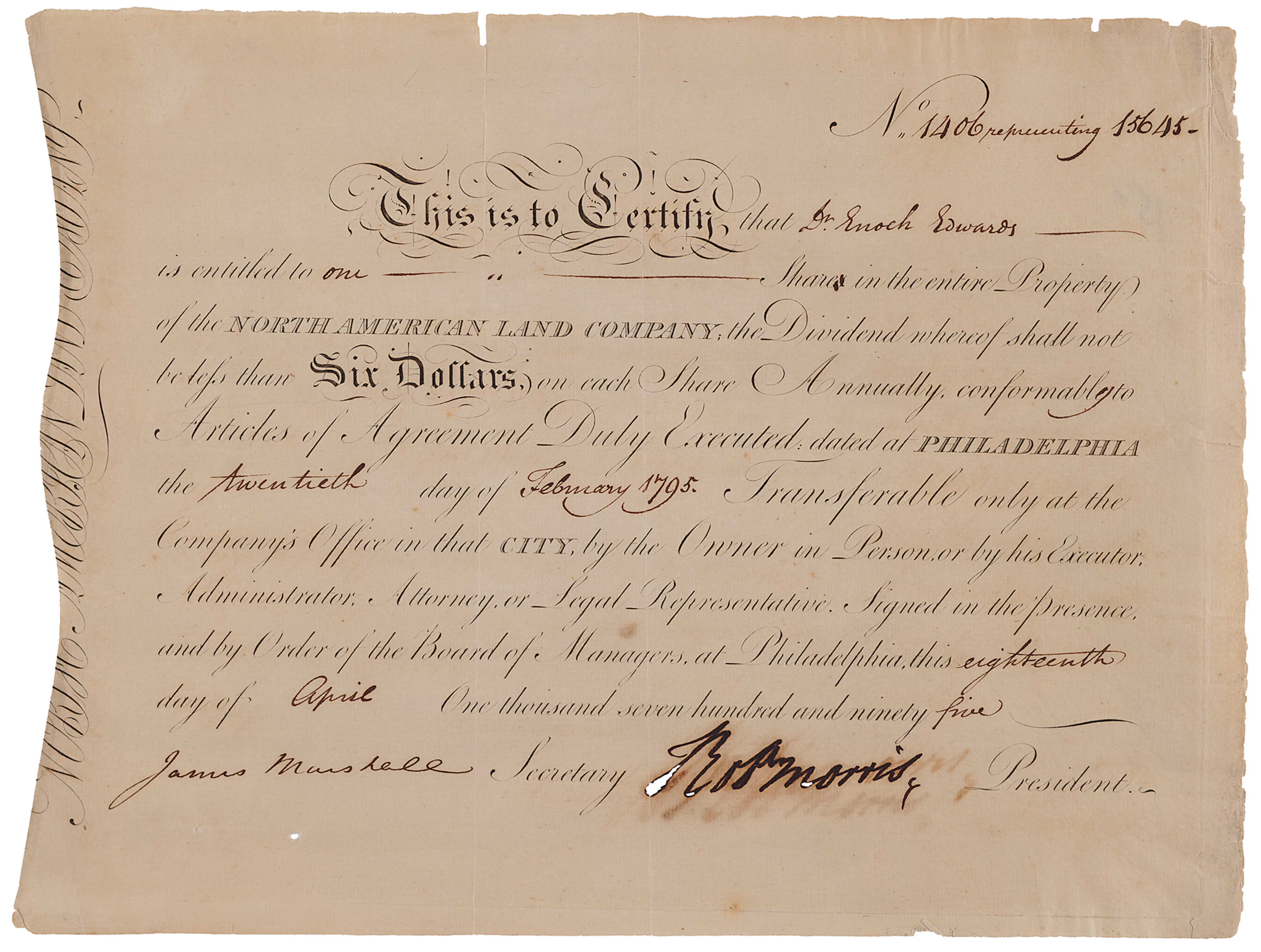 Robert Morris Document Signed to Dr. Enoch Edwards, a Physician of