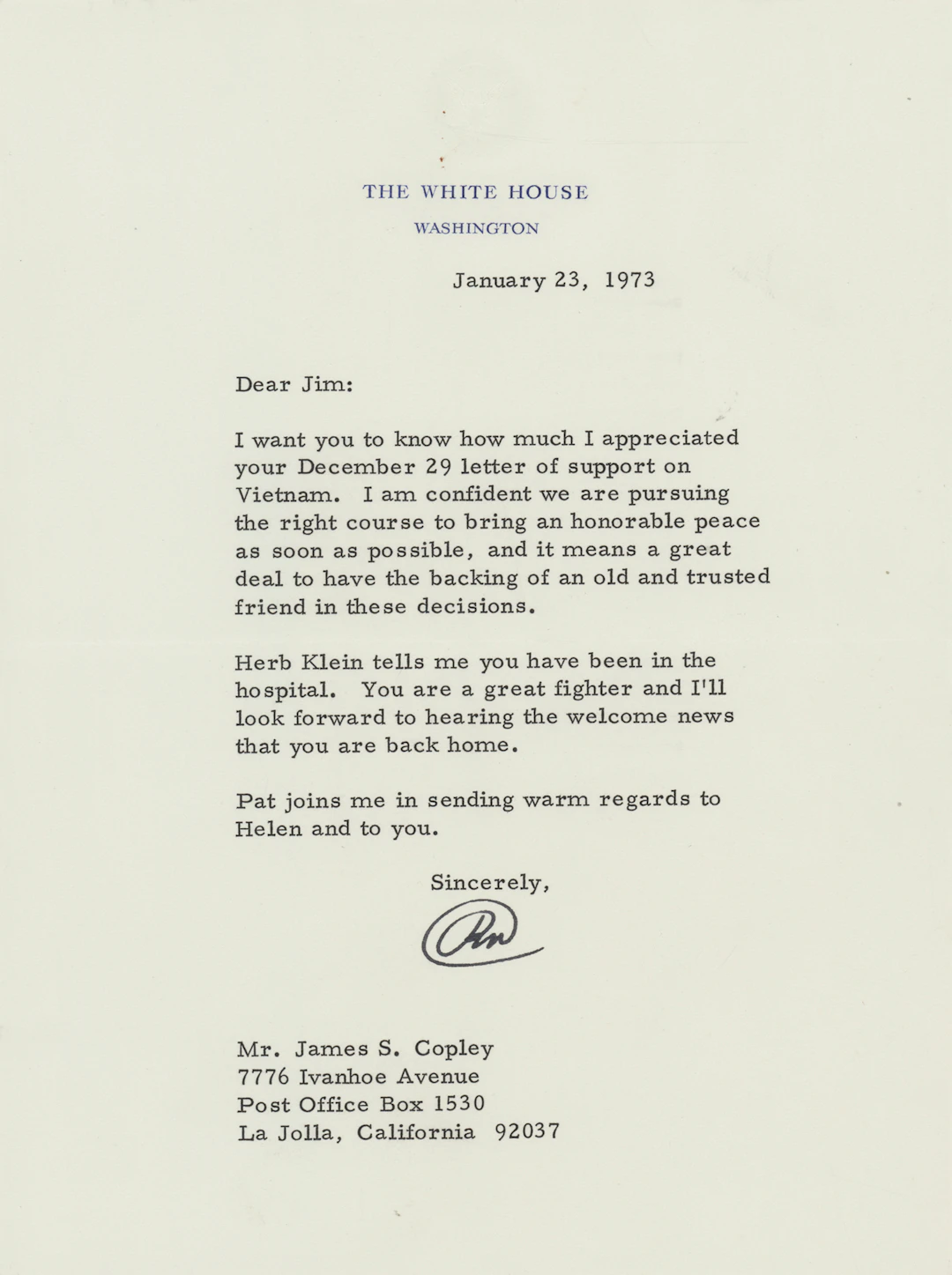 Richard Nixon Typed Letter Signed as President on the Vietnam War