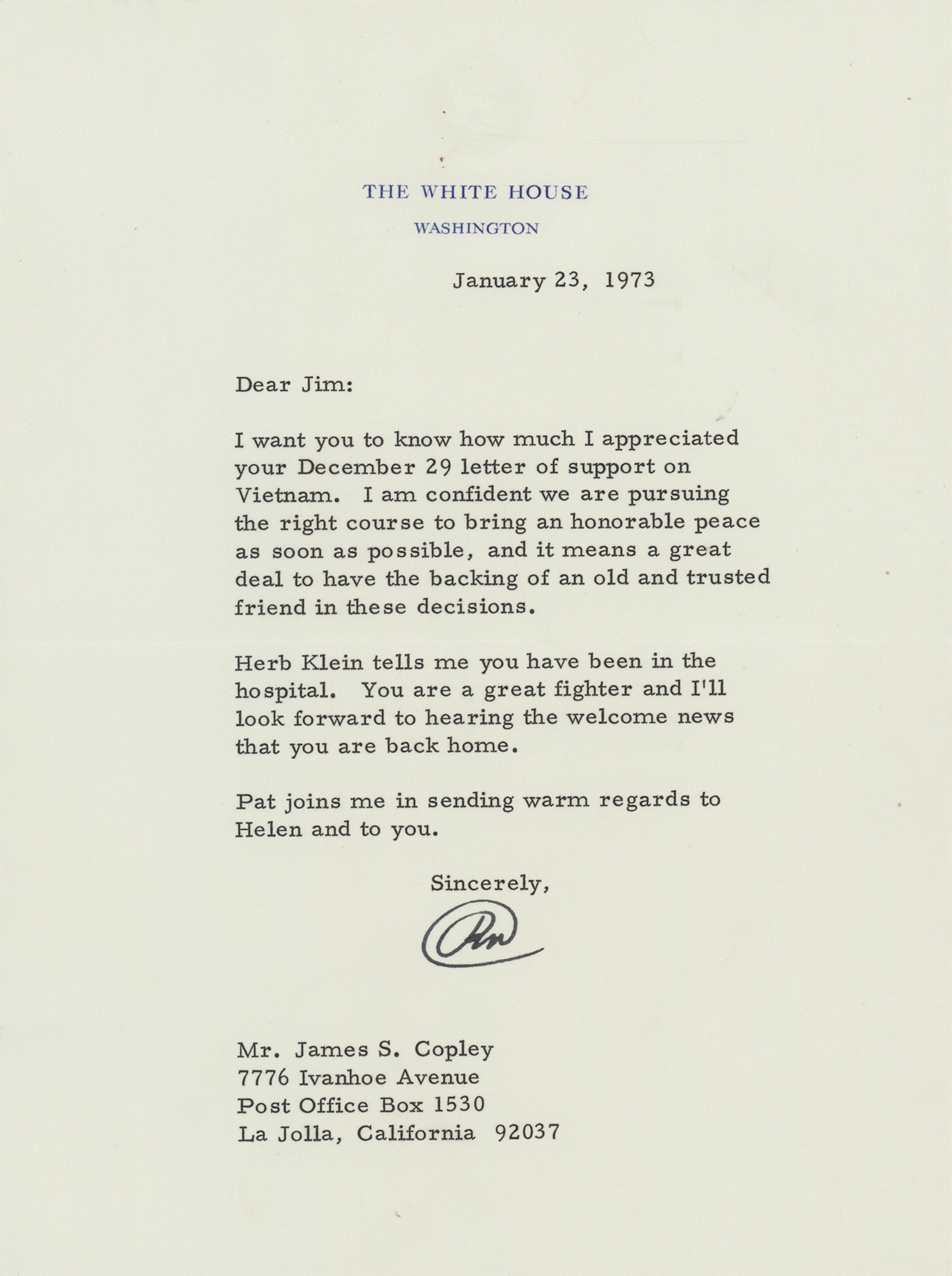 Richard Nixon Typed Letter Signed as President on the Vietnam War