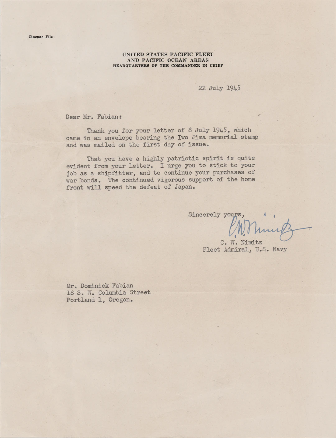 Chester Nimitz War-Dated Typed Letter Signed - "The continued vigorous
