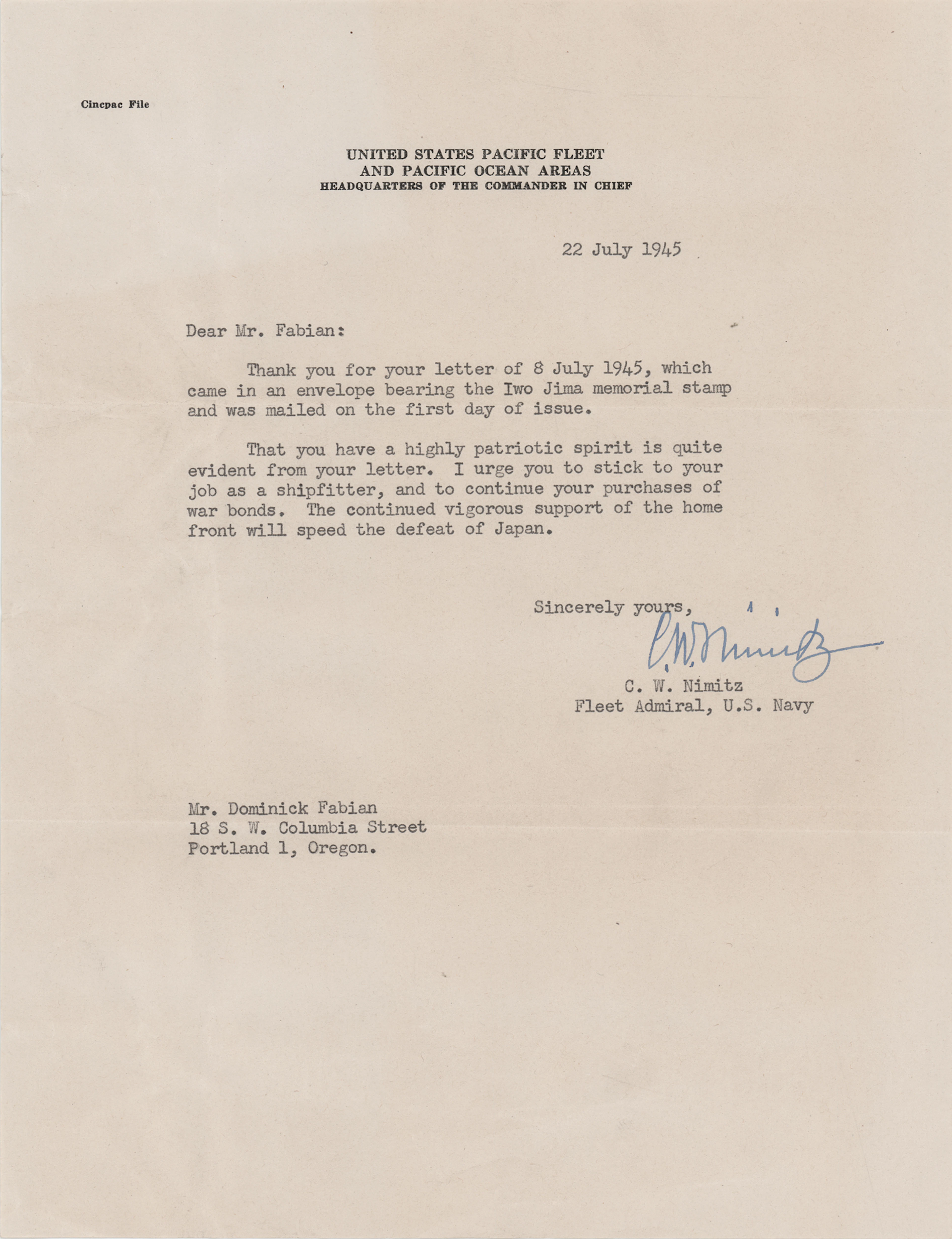 Chester Nimitz War-Dated Typed Letter Signed - "The continued vigorous