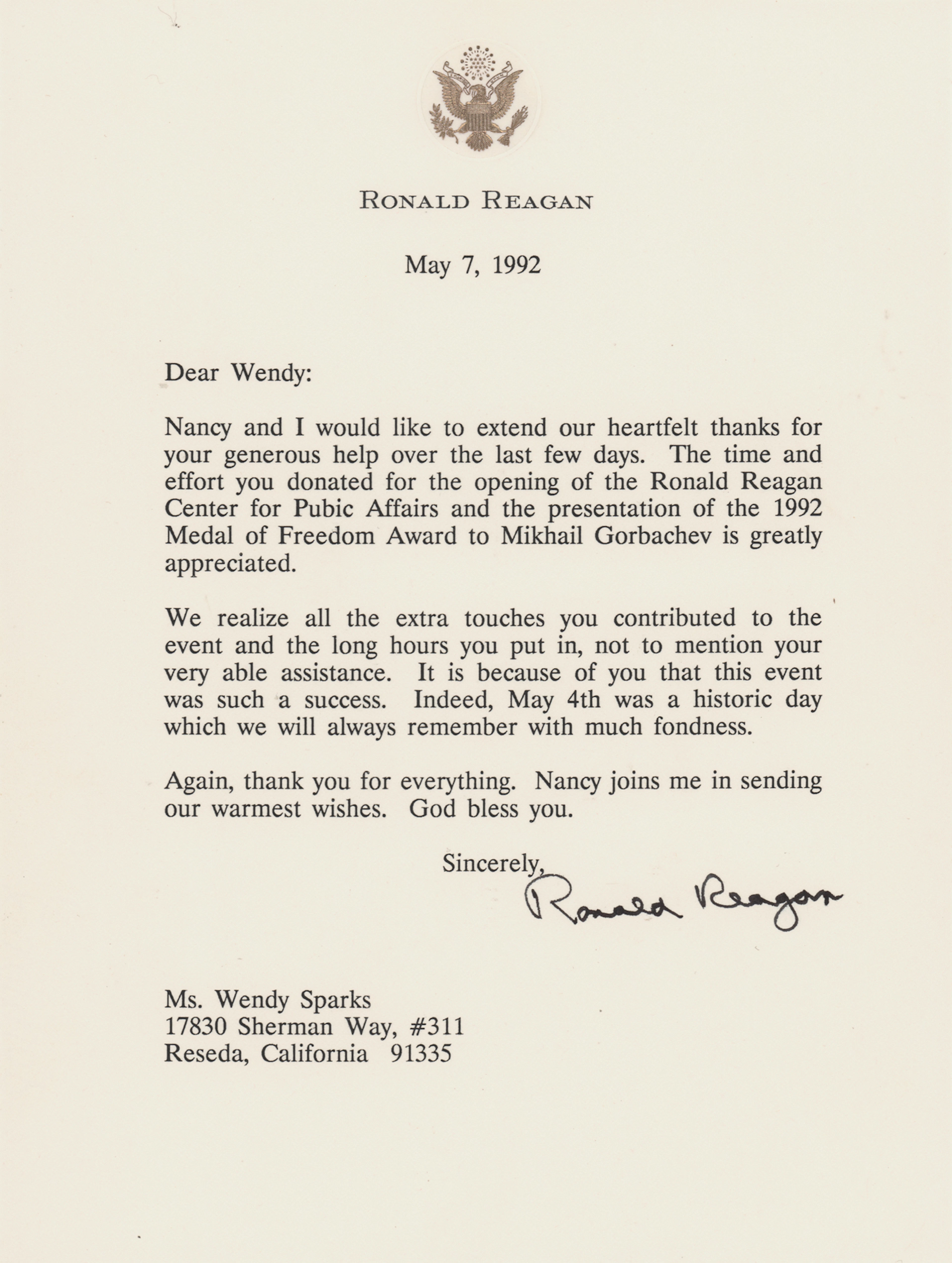 Ronald Reagan Typed Letter Signed on "the presentation of the 1992