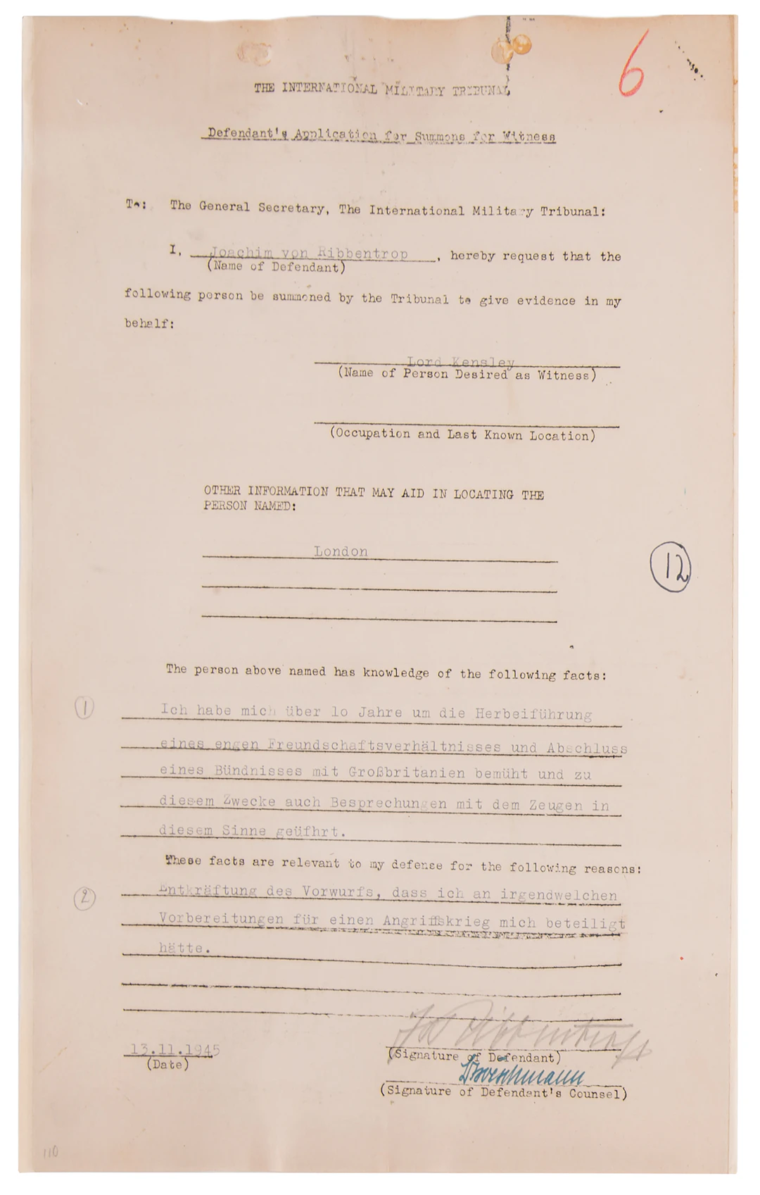 Joachim von Ribbentrop Document Signed at Nuremberg, Seeking Lord