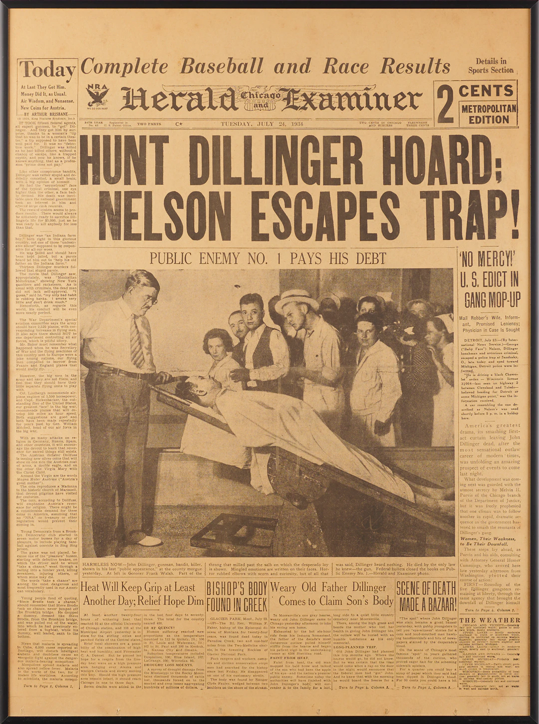 John Dillinger: Front Page of the Chicago Herald and Examiner, July