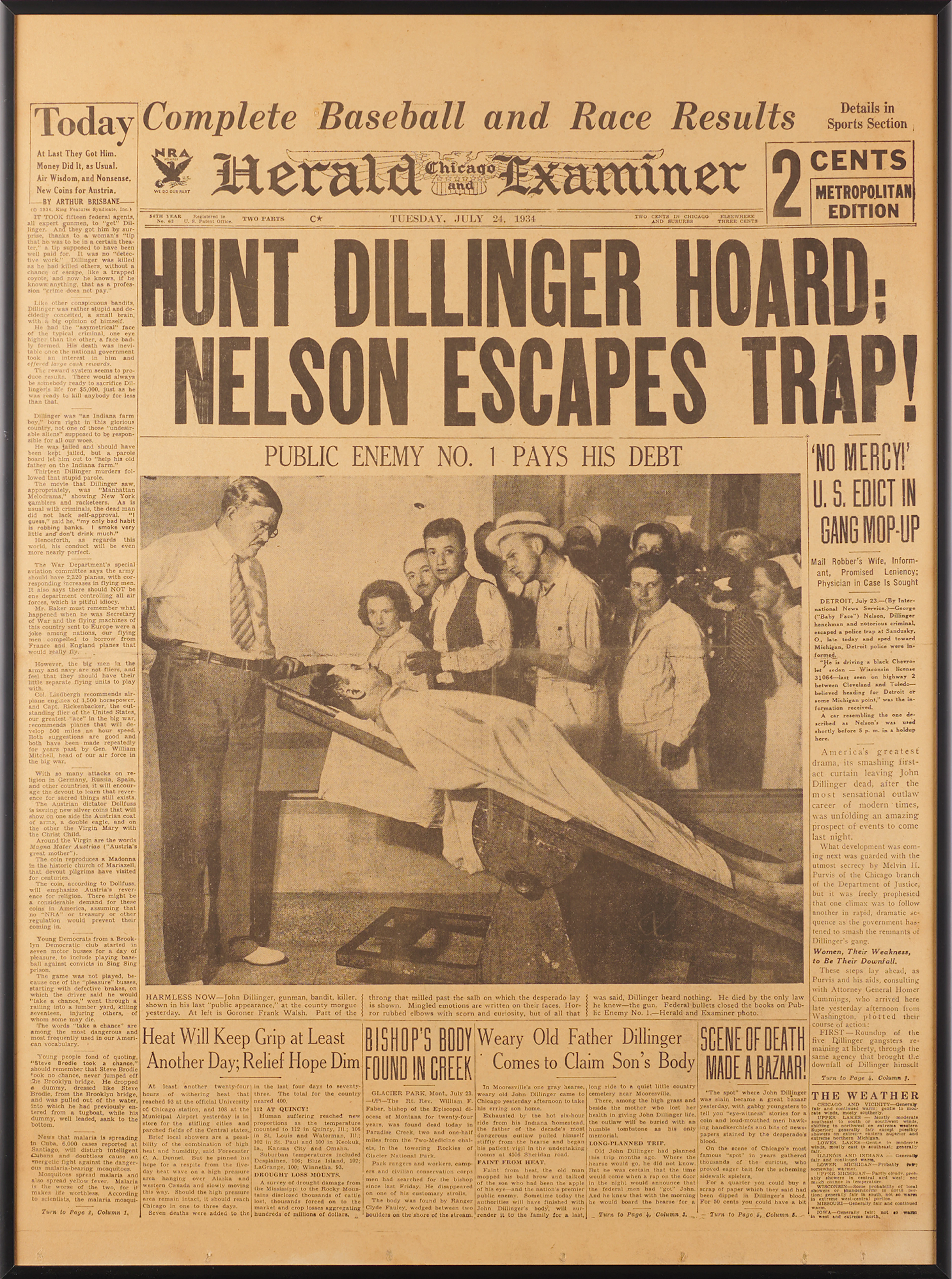 John Dillinger: Front Page of the Chicago Herald and Examiner, July