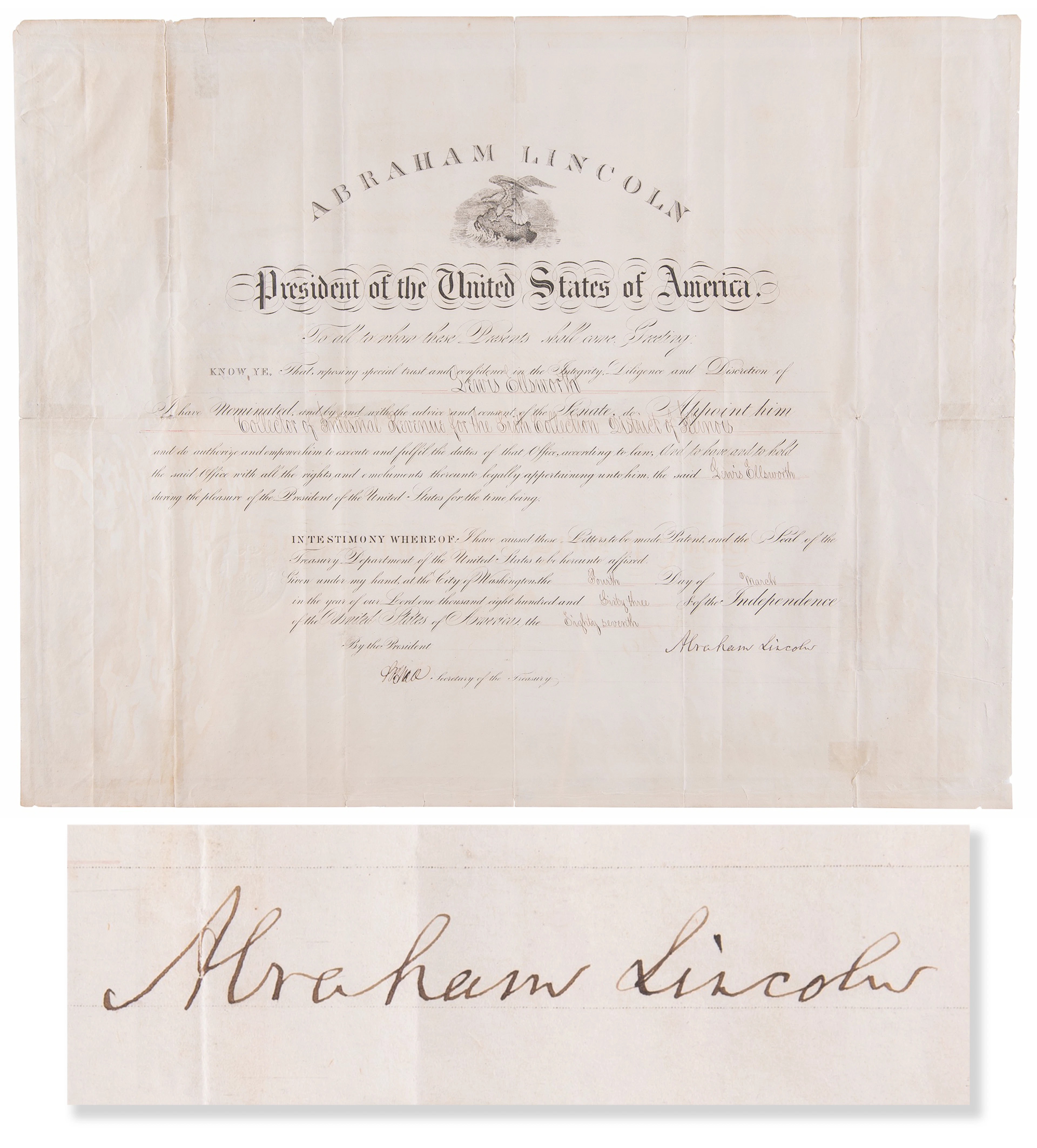 Abraham Lincoln Document Signed as President, Appointing a Collector