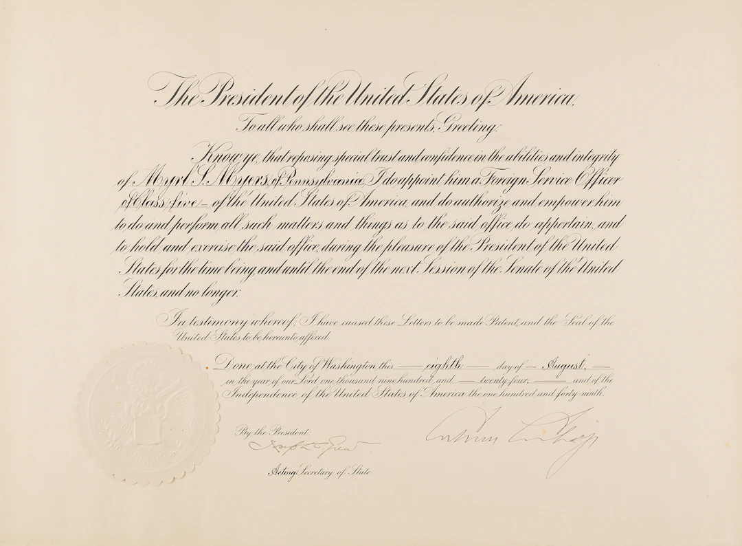 Calvin Coolidge Document Signed as President, Appointing a Foreign