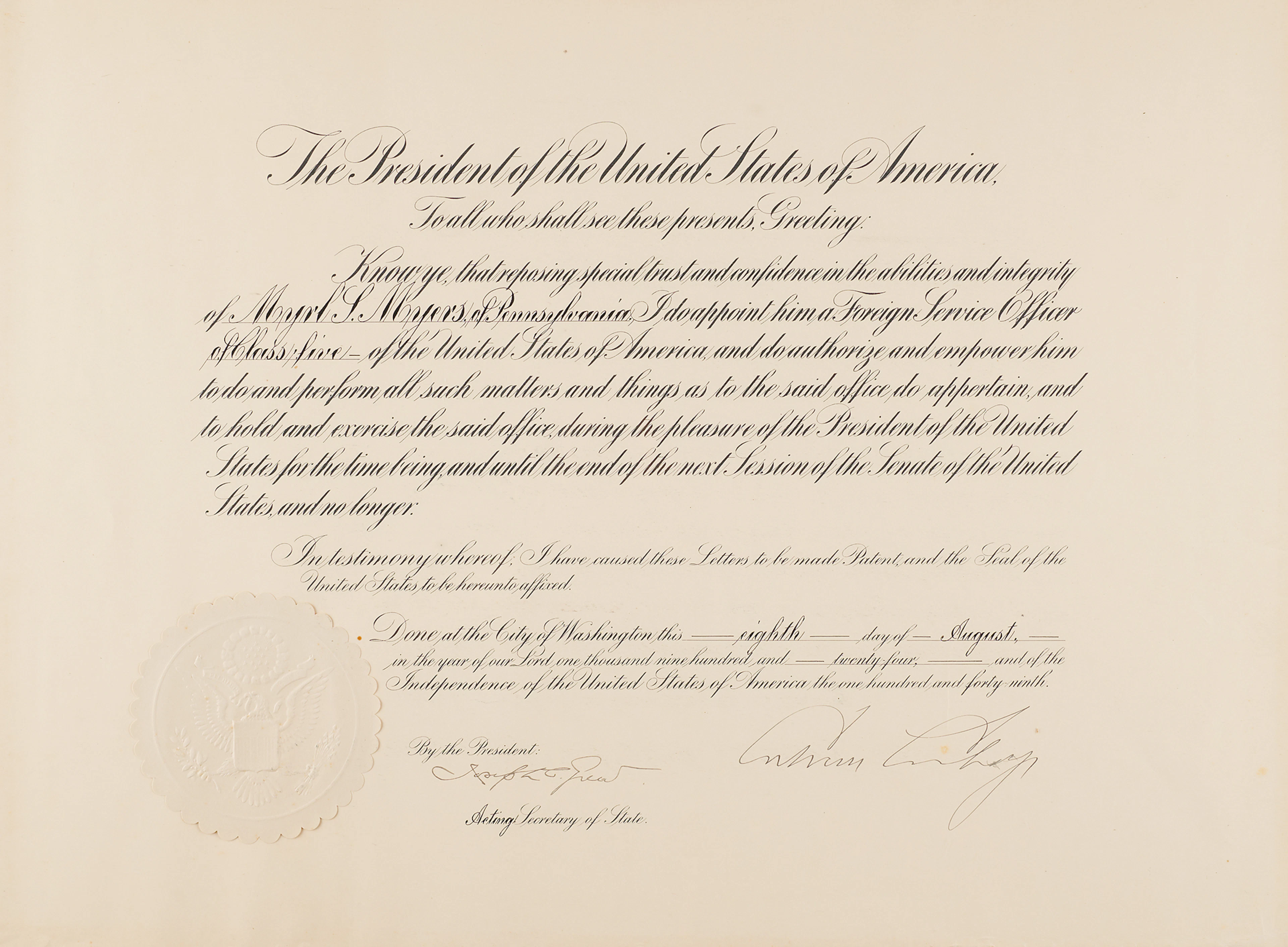 Calvin Coolidge Document Signed as President, Appointing a Foreign