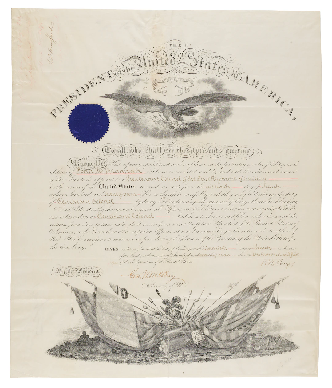 Rutherford B. Hayes Document Signed as President, Appointing a Lieutenant