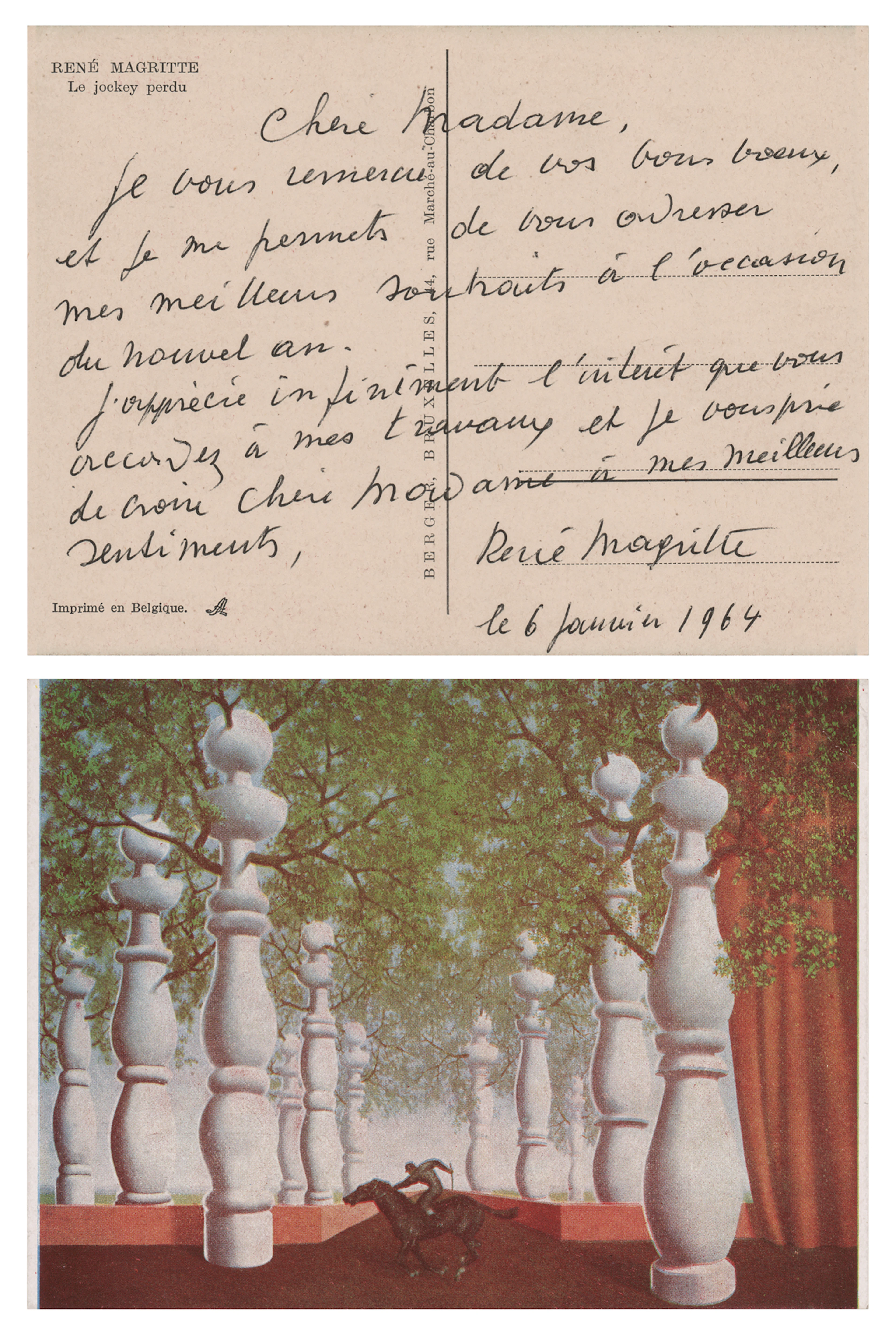 Rene Magritte Autograph Letter Signed on 'The Lost Jockey' Postcard