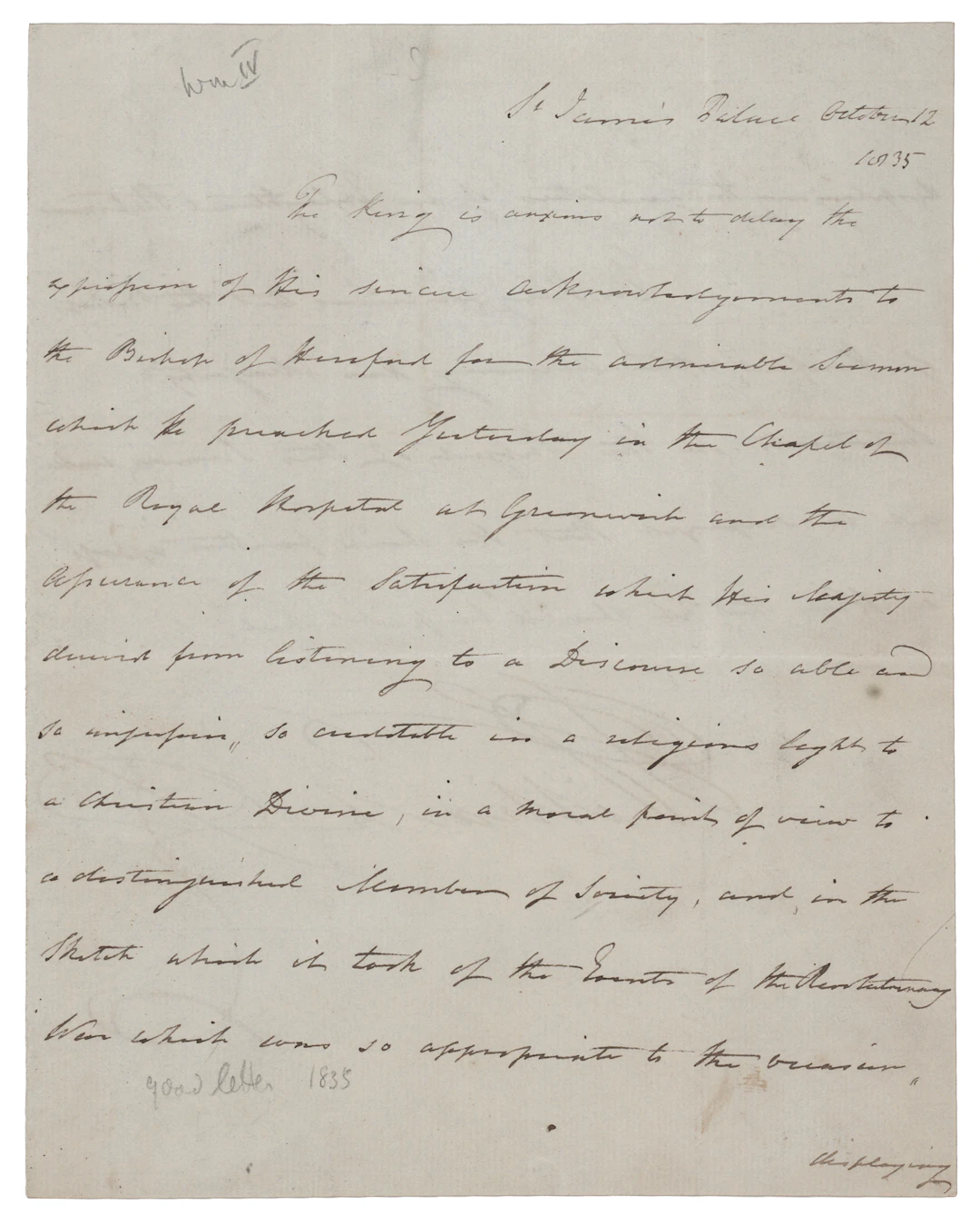 King William IV Letter Signed, Congratulating the Bishop of Hereford